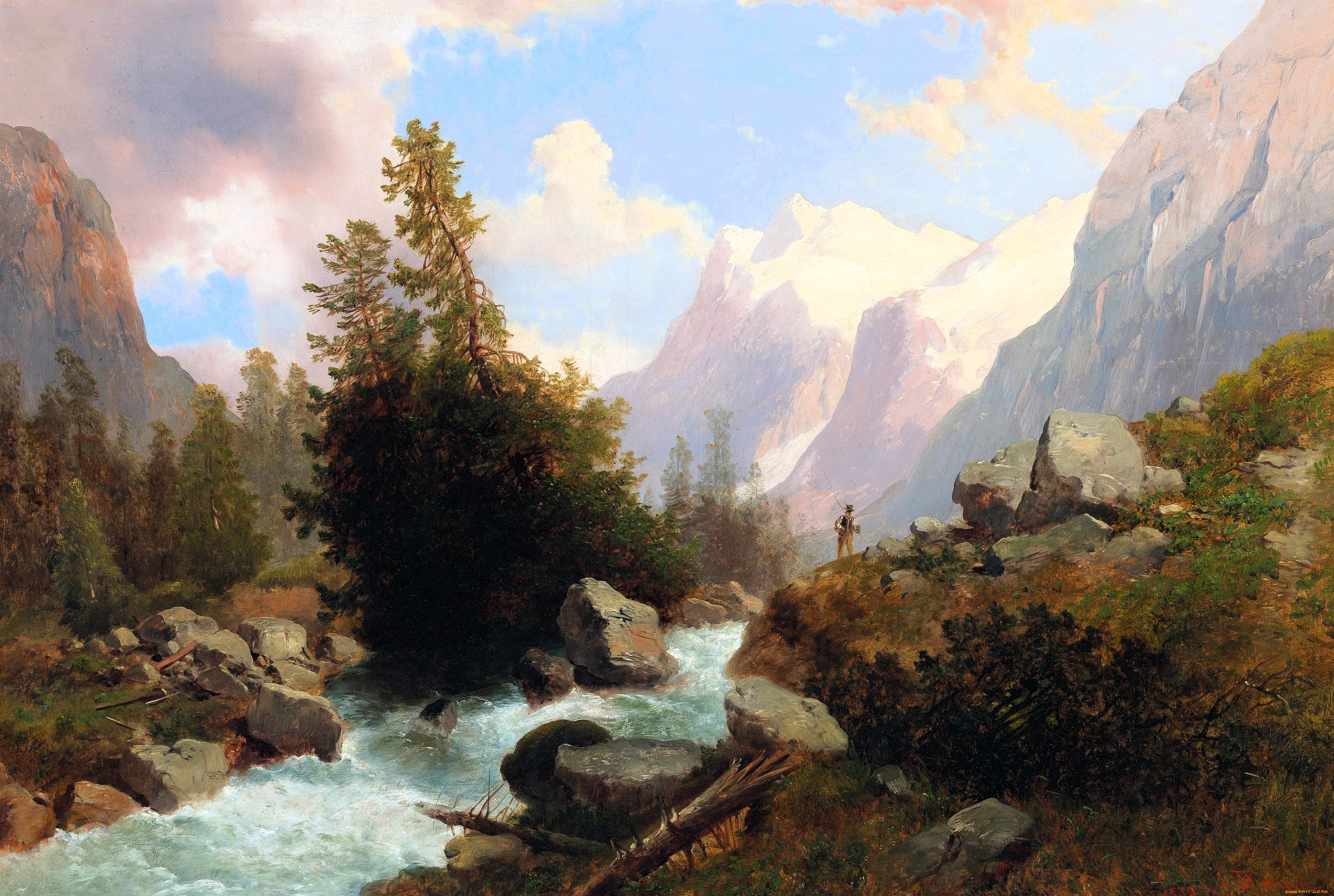 рисованное, josef, thoma, лес, деревья, река, осень, камни, горы, человек