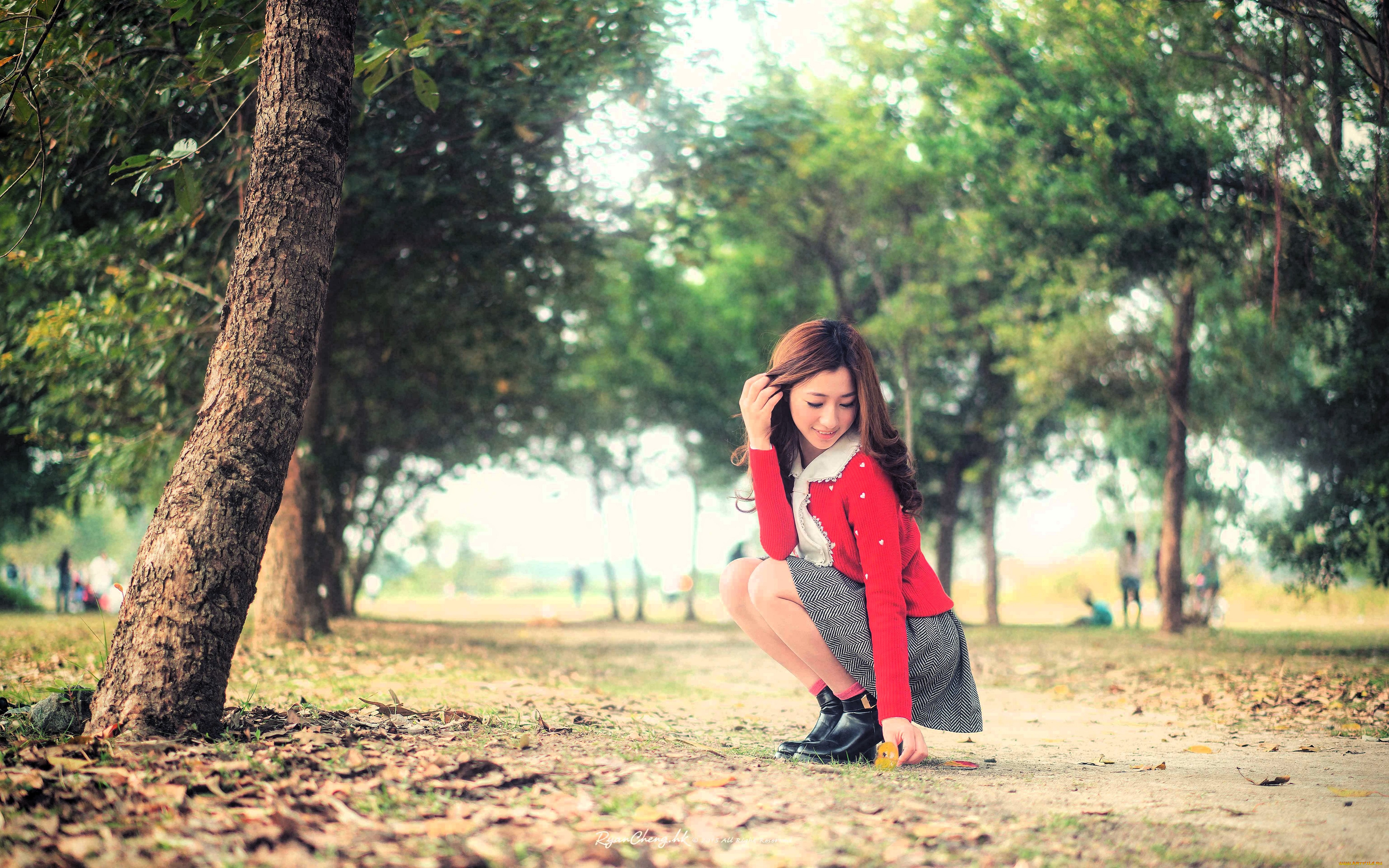 девушки, -, азиатки, шатенка, кофта, юбка, ботинки, листья, деревья