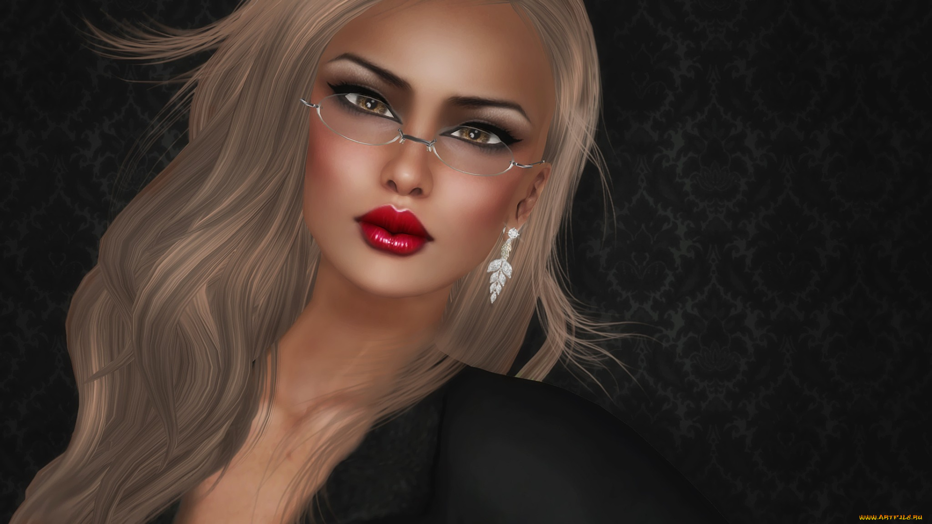3д, графика, portraits, портрет, блондинка, очки, губы, серьги