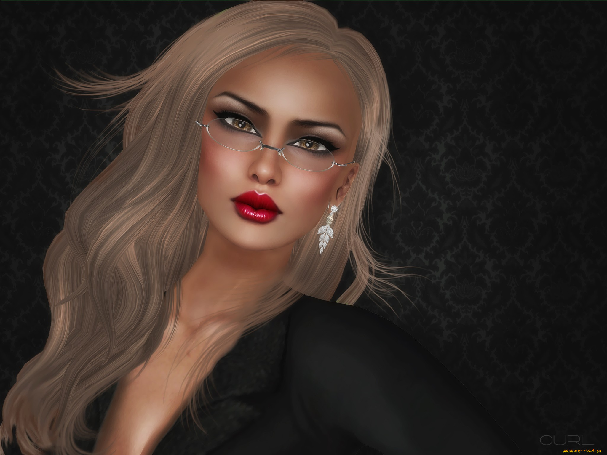 3д, графика, portraits, портрет, блондинка, очки, губы, серьги