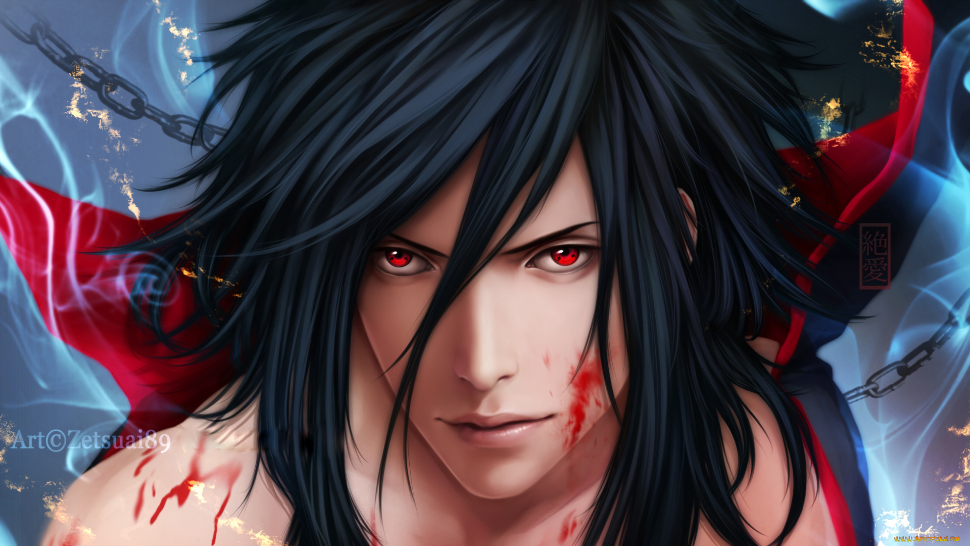 фэнтези, люди, брюнет, портрет, арт, шаринган, взгляд, учиха, мадара, парень