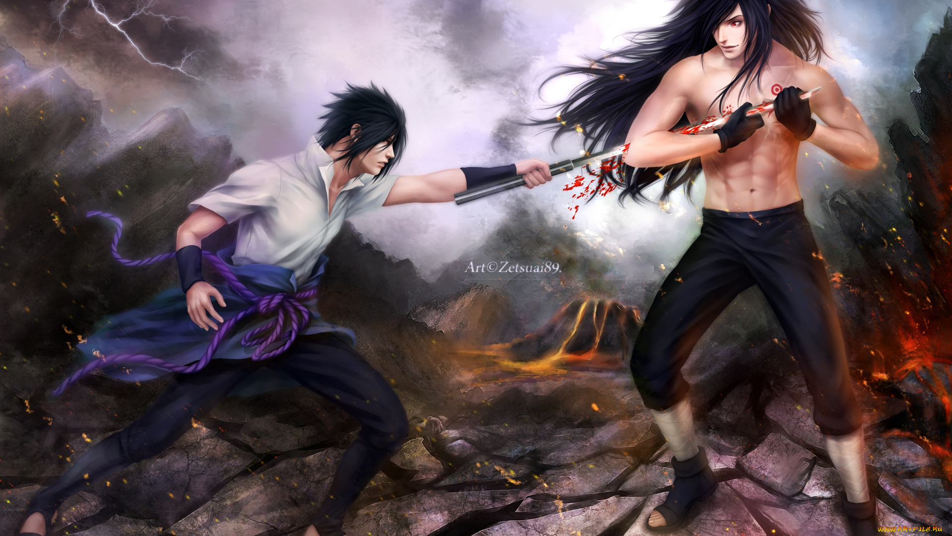 фэнтези, люди, учиха, кровь, меч, арт, парни, тучи, молнии, выпад, мадара, саске