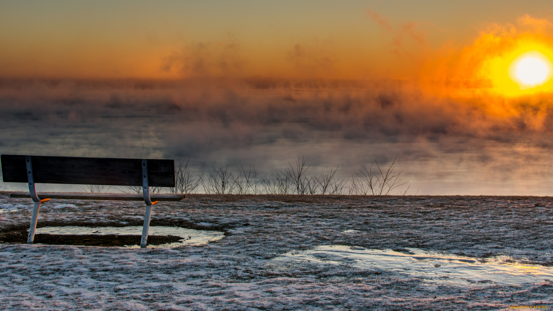 природа, восходы, закаты, пейзаж, закат, туман, скамья