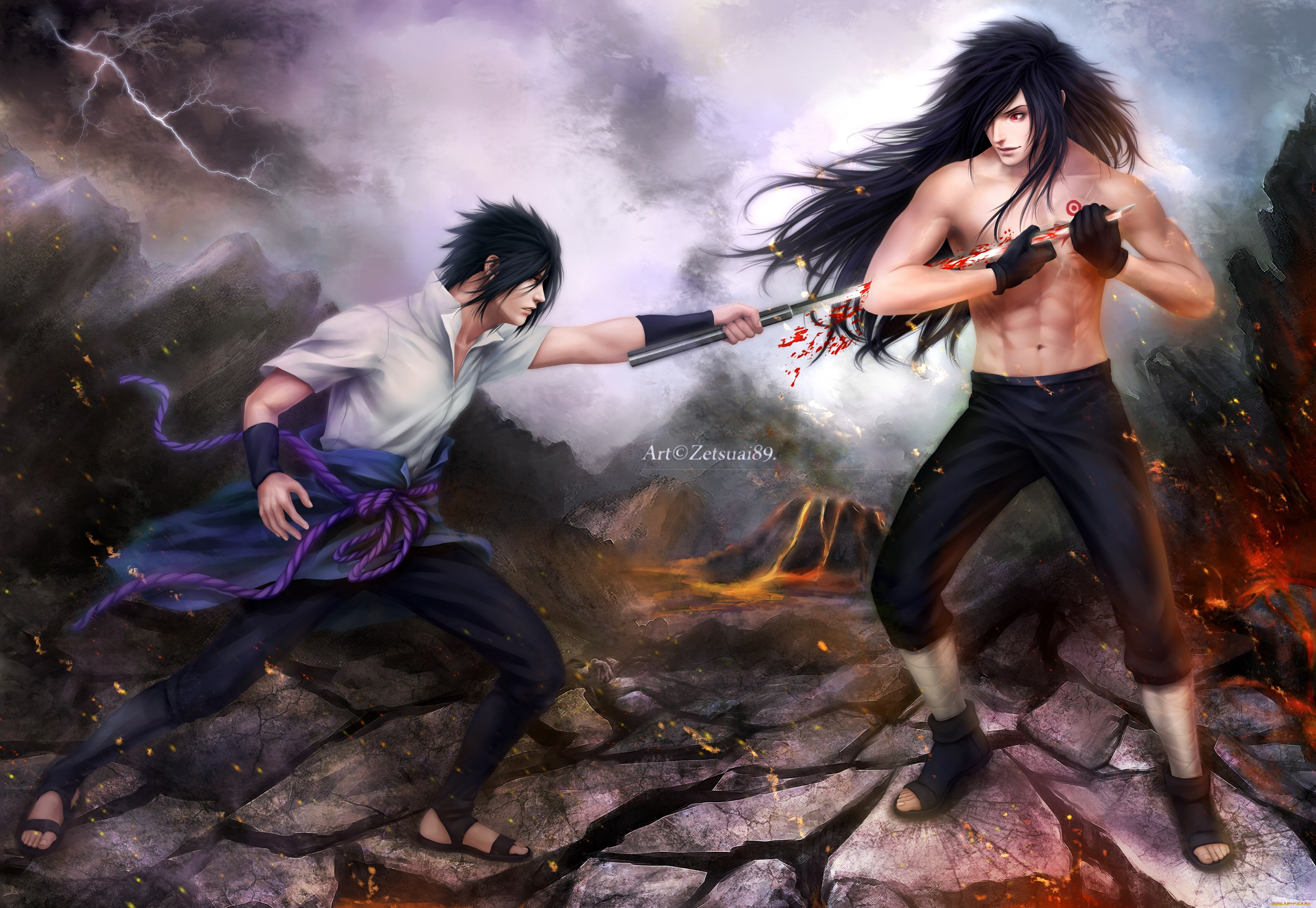 фэнтези, люди, учиха, кровь, меч, арт, парни, тучи, молнии, выпад, мадара, саске