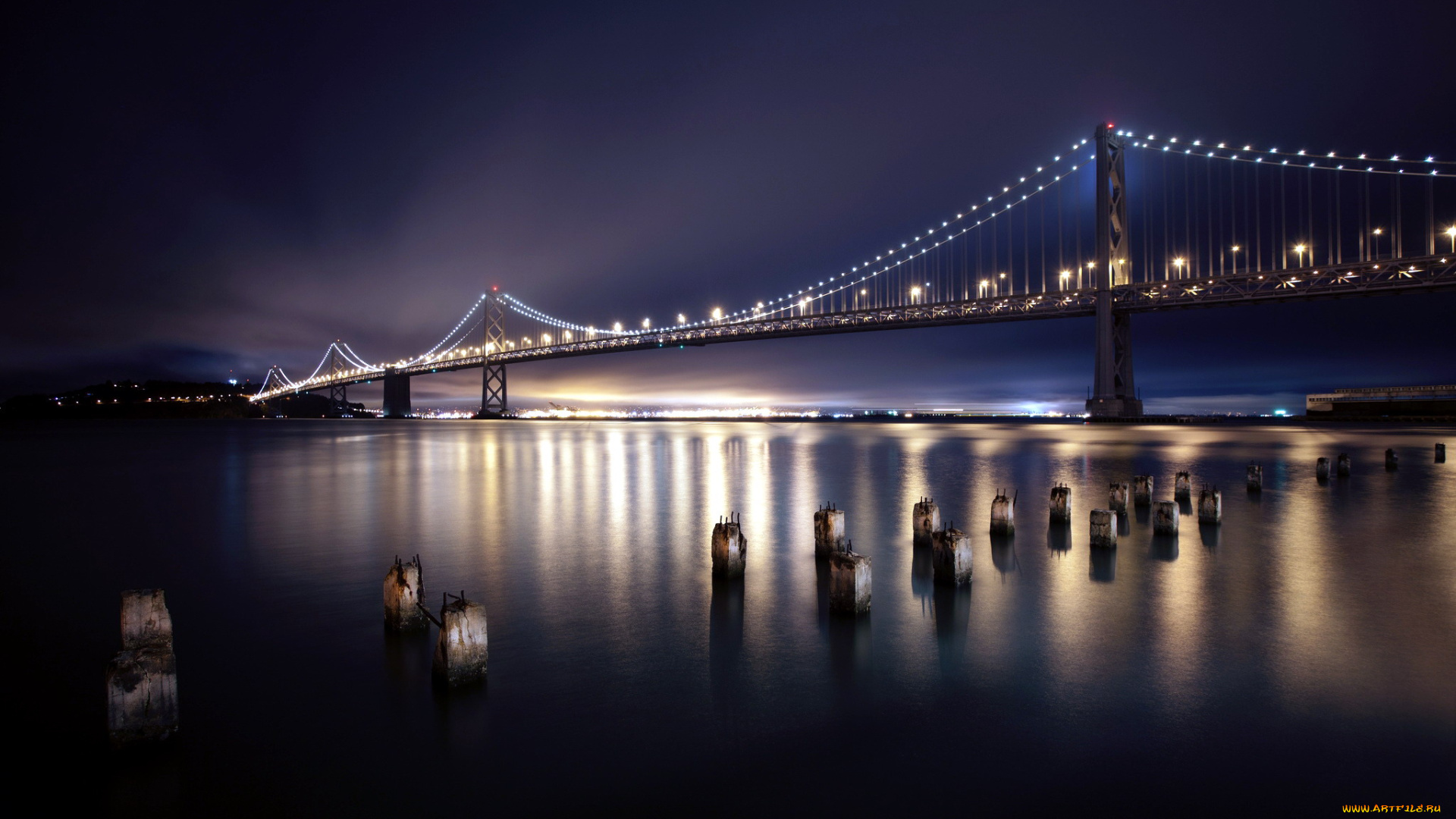 города, сан-франциско, , сша, ночь, река, огни, мост