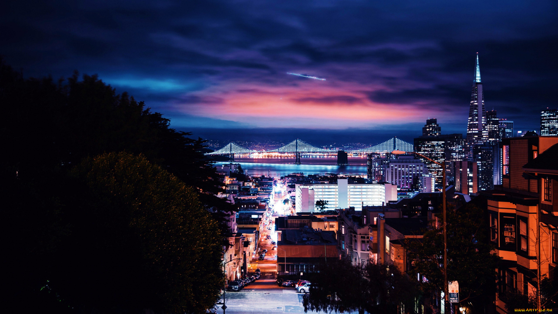 города, сан-франциско, , сша, огни, вечер, панорама