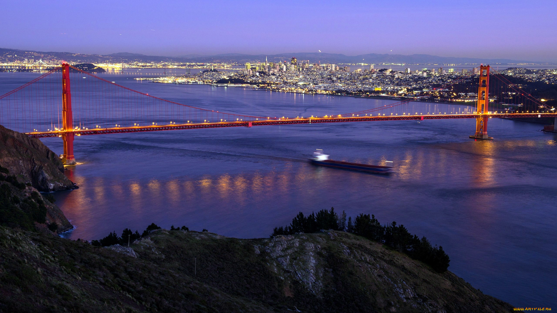 города, сан-франциско, , сша, река, вечер, мост, панорама, огни