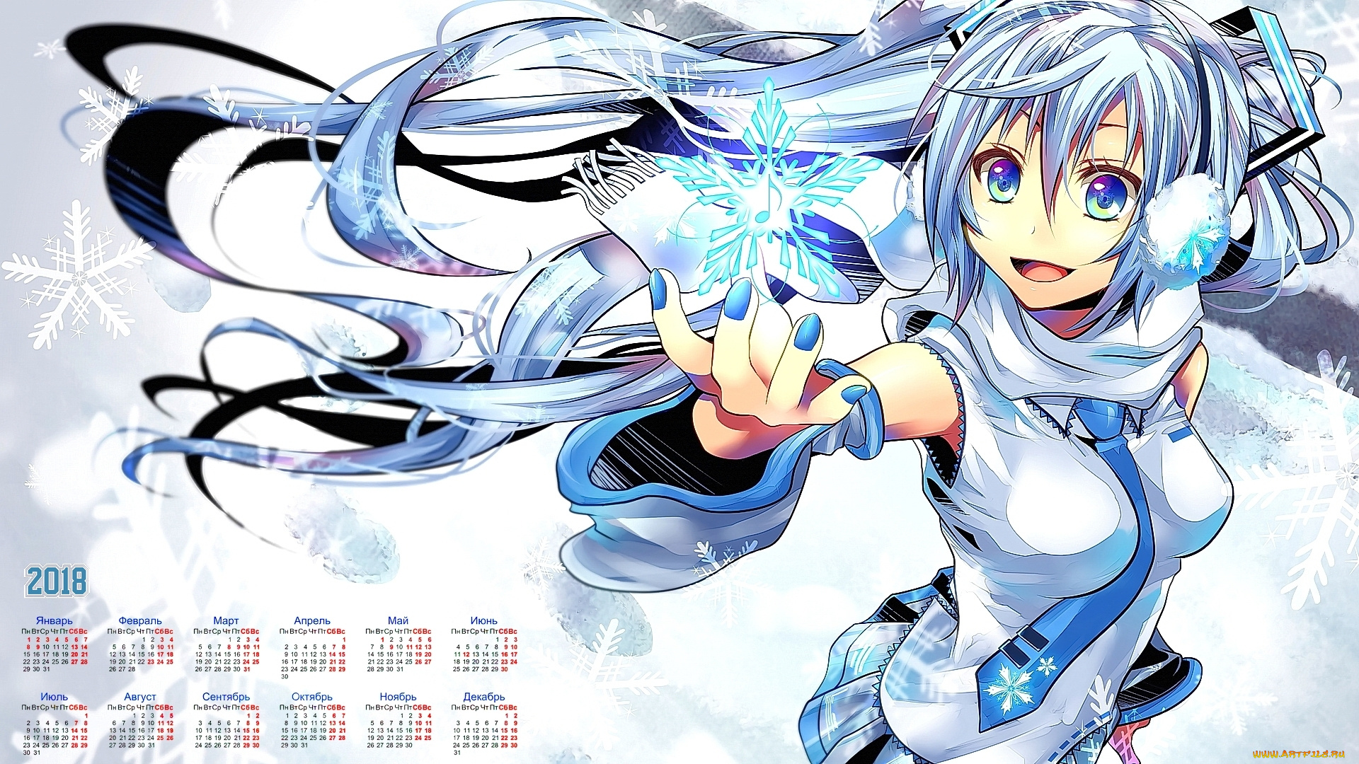 календари, аниме, 2018, девушка, снежинка, взгляд