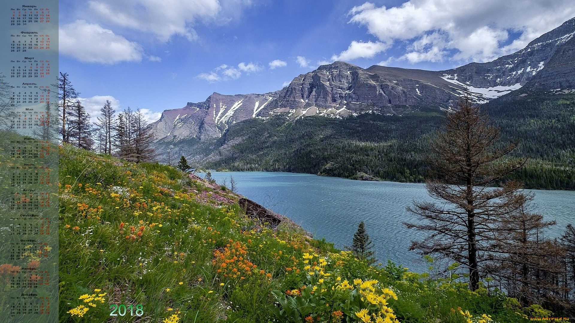 календари, природа, деревья, цветы, скала, водоем, 2018, облака