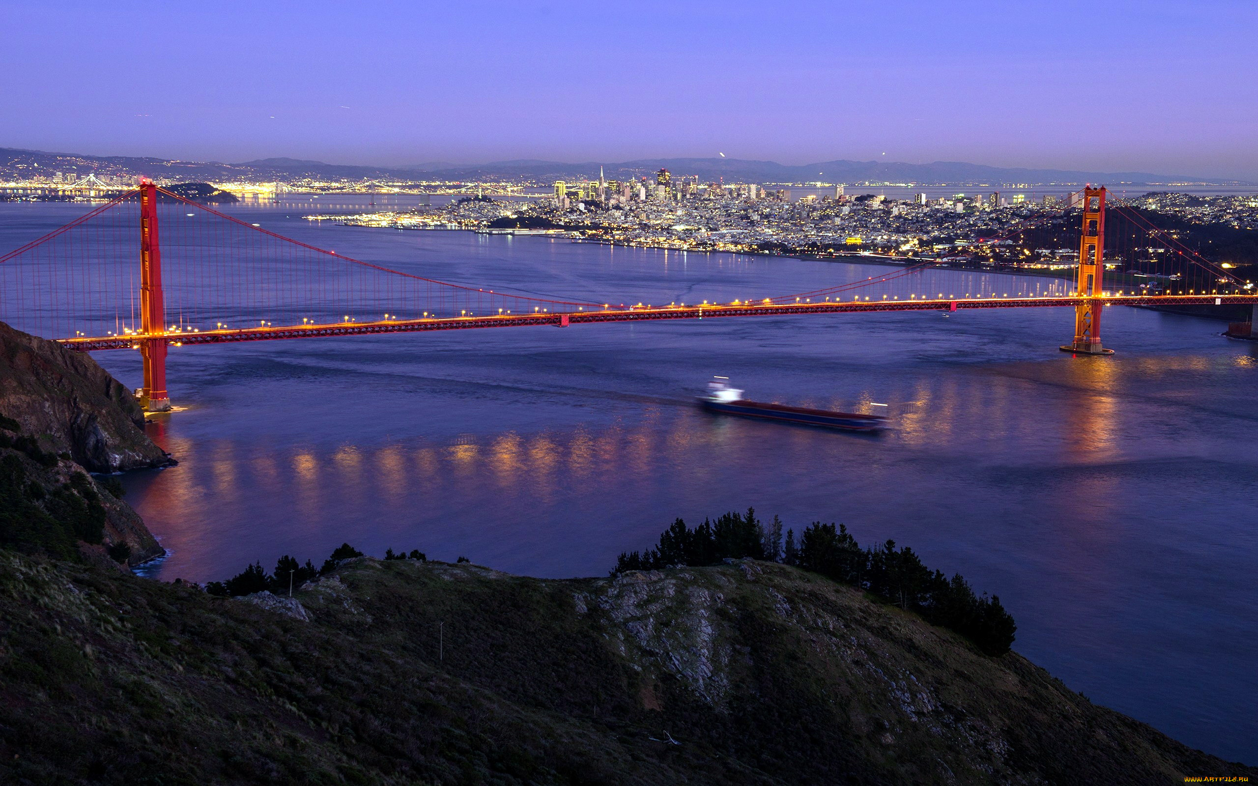 города, сан-франциско, , сша, река, вечер, мост, панорама, огни