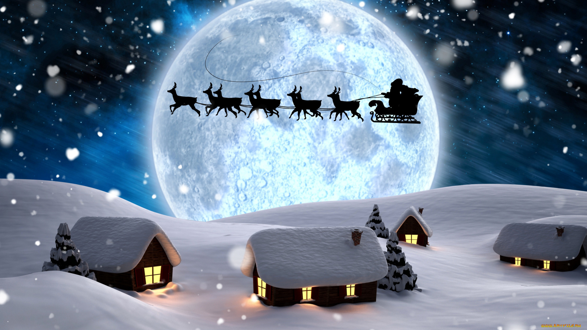 праздничные, векторная, графика, , новый, год, луна, олени, санта, праздник, рождество, новый, год, зима, снег, домики