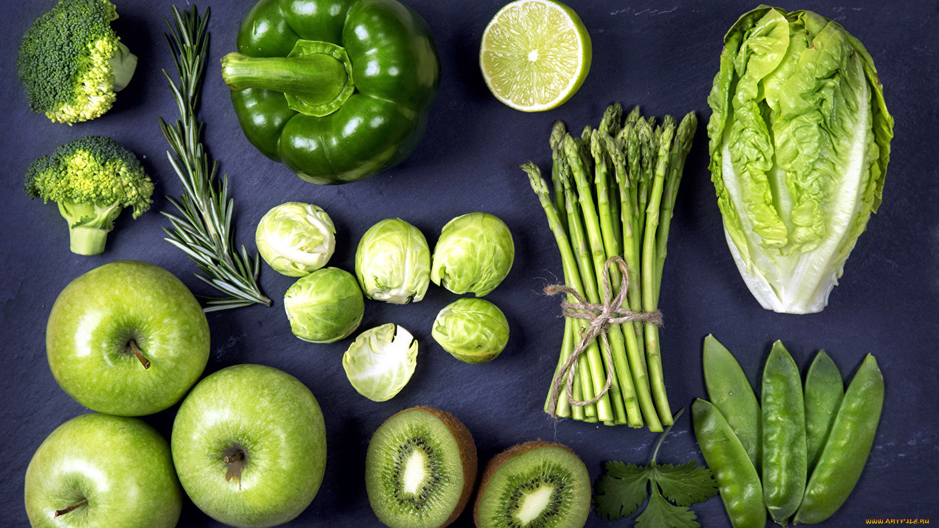 еда, фрукты, и, овощи, вместе, перец, яблоко, спаржа, киви, лайм