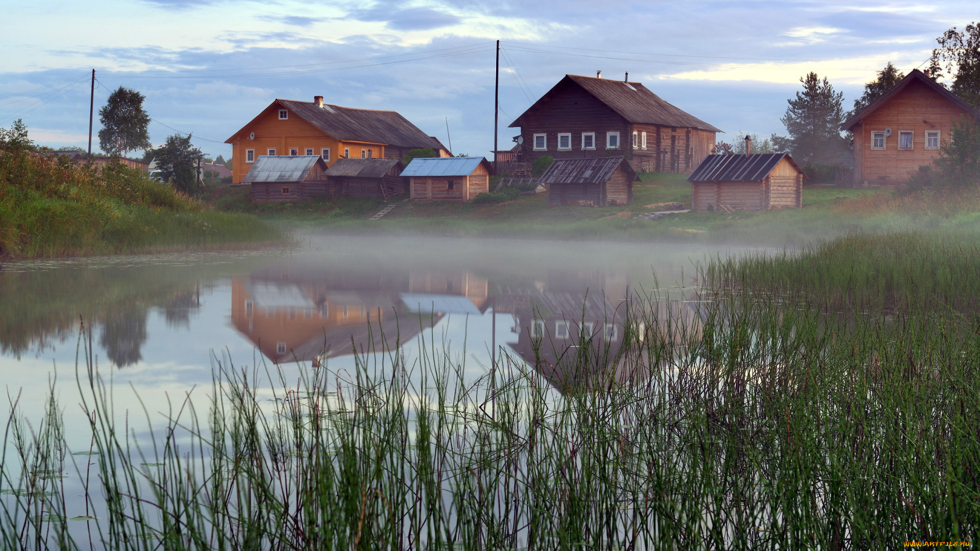 города, -, здания, , дома, туман, дома, пруд
