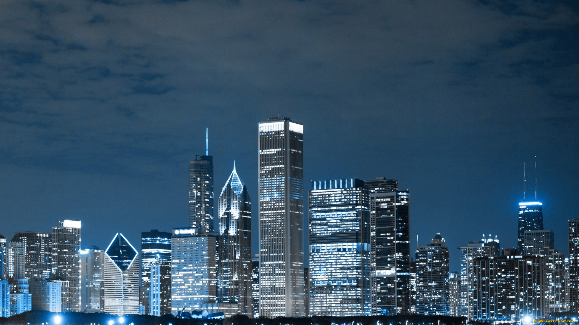 города, чикаго, , сша, ночь, огни, небоскребы