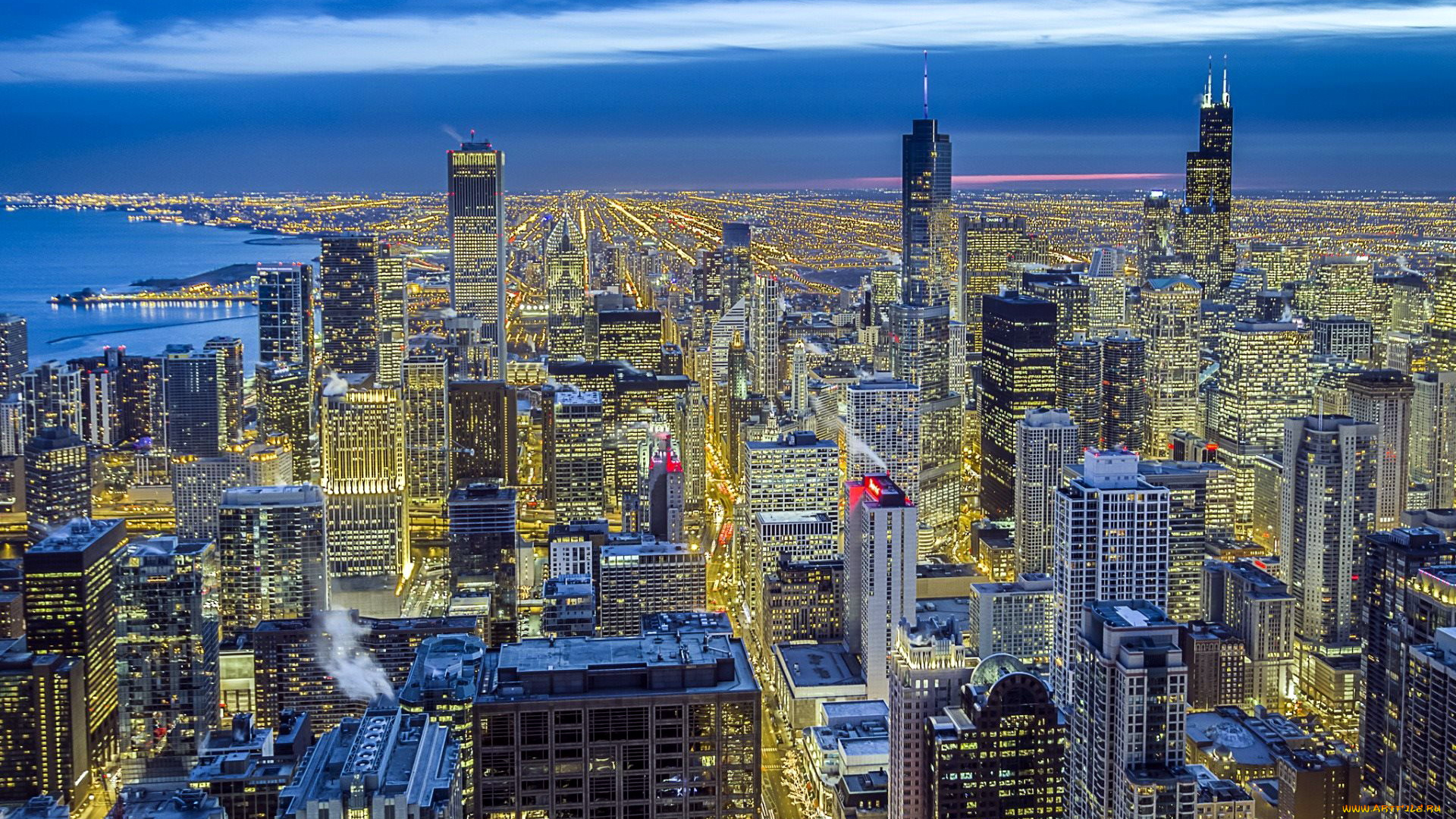 города, чикаго, , сша, огни, ночь, небоскребы