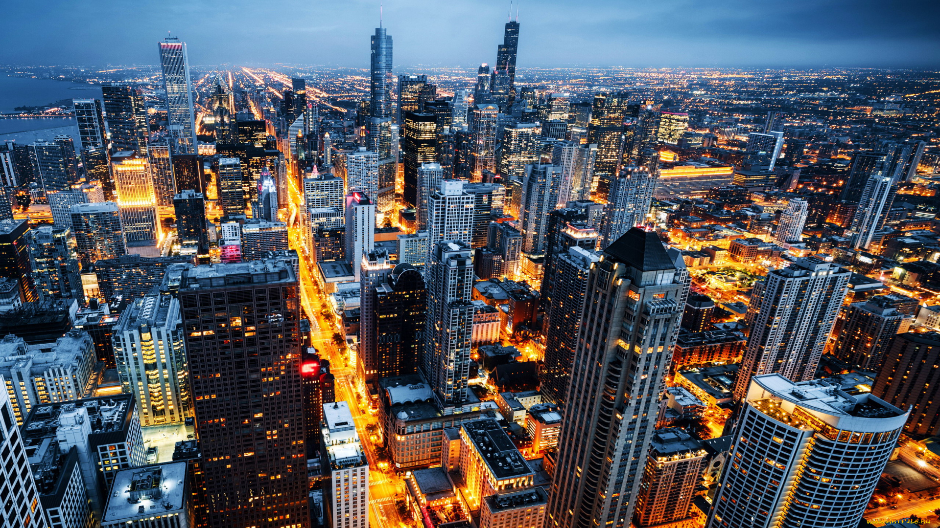 города, чикаго, , сша, огни, ночь, небоскребы