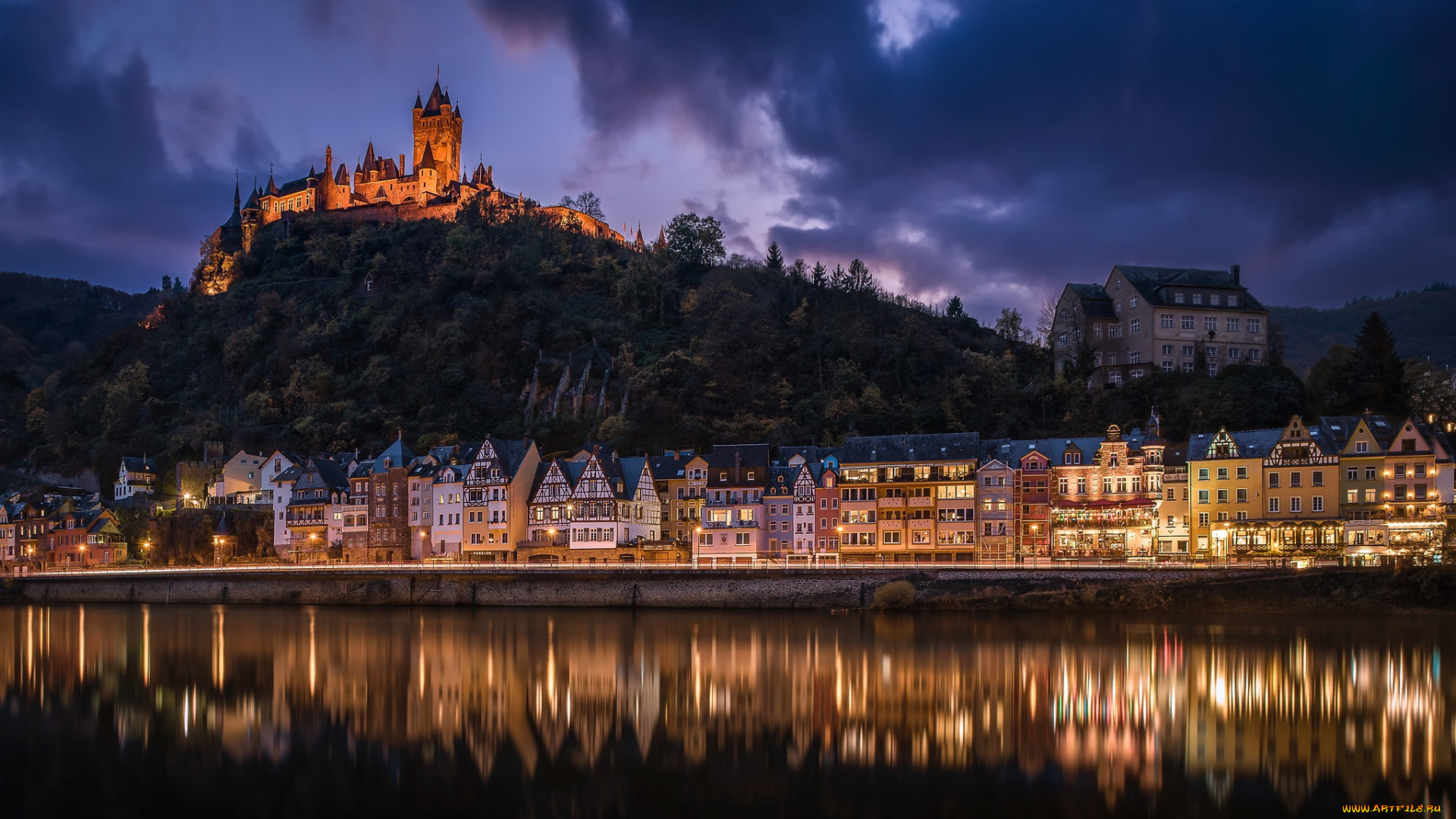 города, кохем, , германия, огни, замок, река, вечер