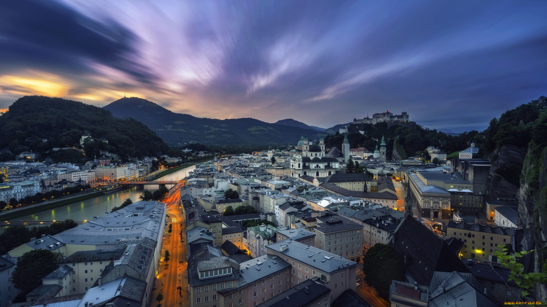 salzburg, , austria, города, зальцбург, , австрия, вечер, закат, достопримечательность, зальцбург, красивые, дома, крепость, гогенцоллерн
