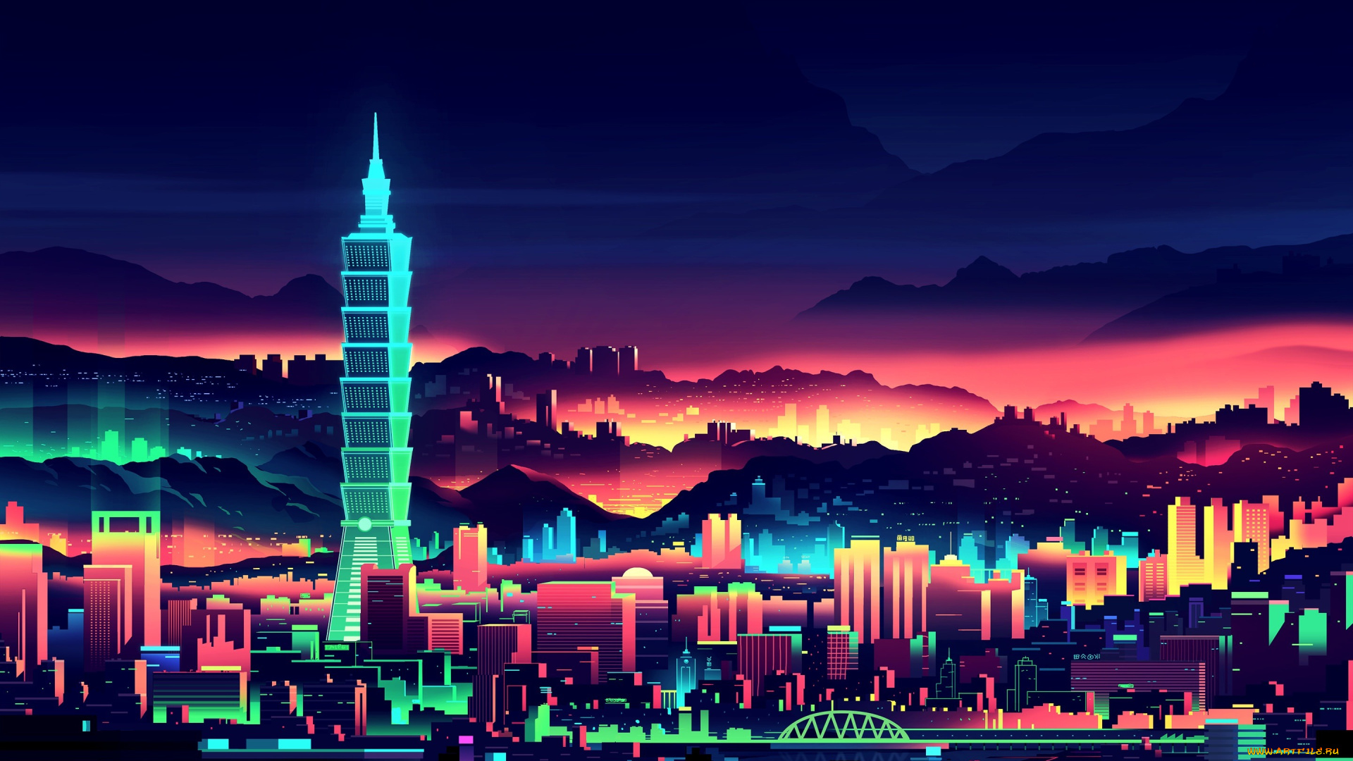 векторная, графика, город, , city, ночь, hd, город, тайвань, behance, минимализм, огни, мир