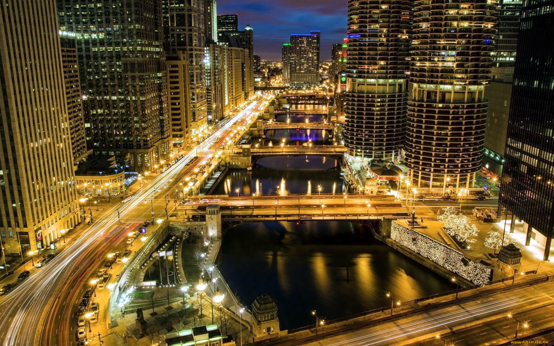 города, чикаго, , сша, небоскребы, ночь, огни