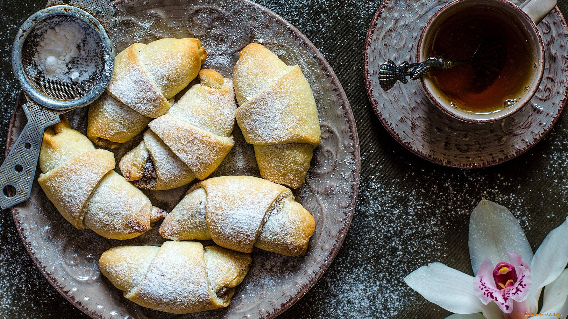 еда, хлеб, , выпечка, рогалики, чай, орхидея