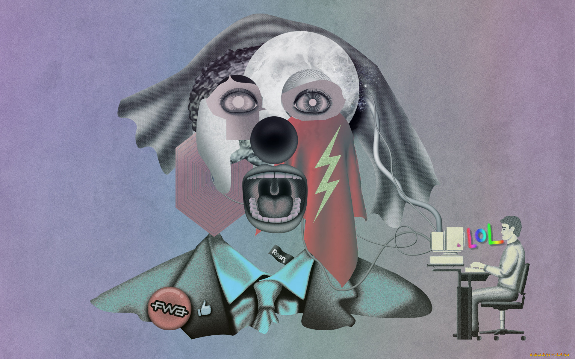 рисованное, -, другое, пиджак, компьютер, человек, рот, глаза