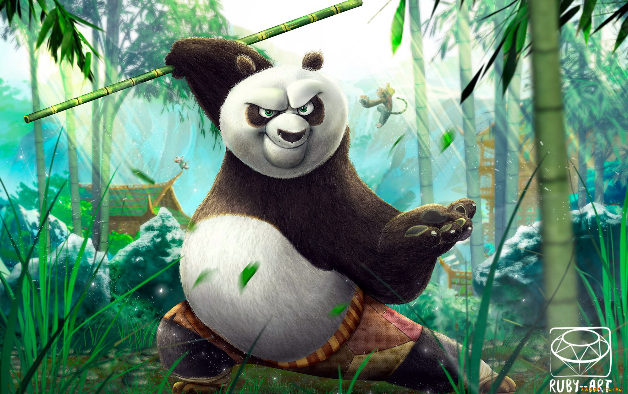 мультфильмы, kung, fu, panda, 3, панда, кунг-фу, шест, бамбук, дом