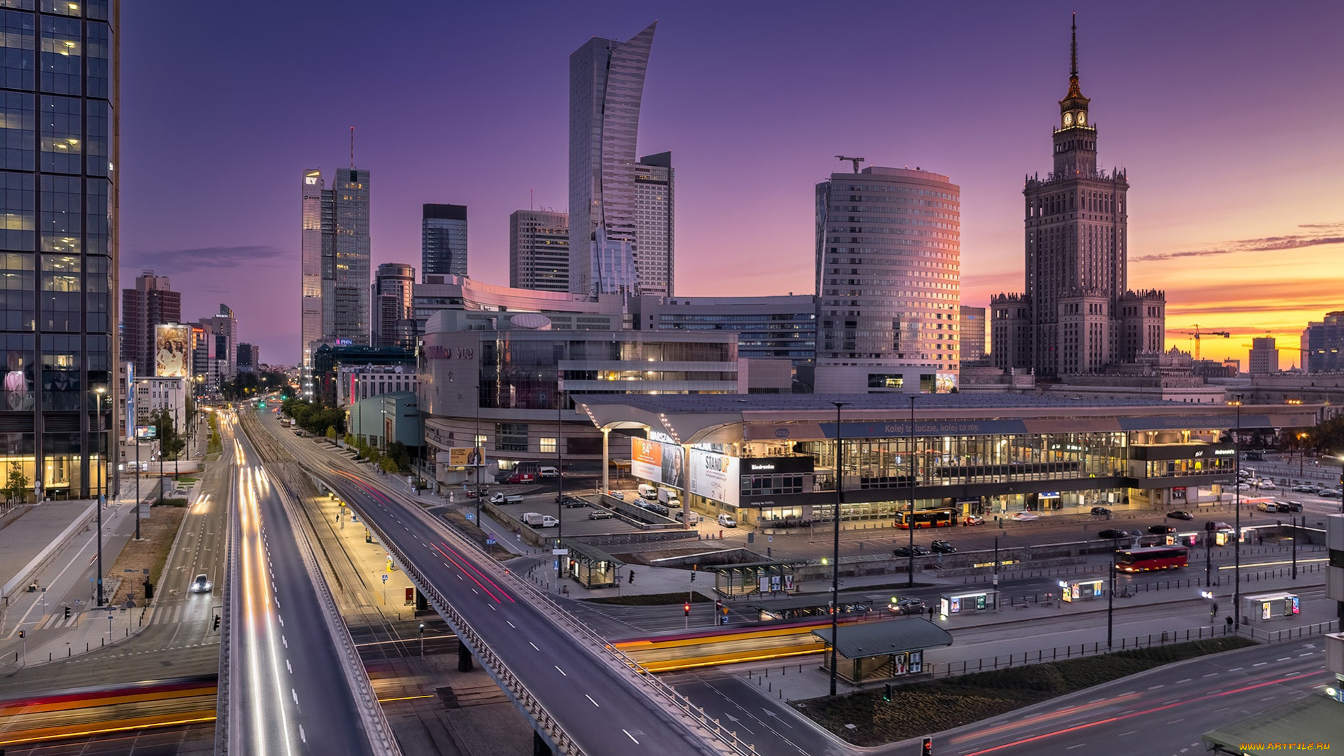 города, варшава, , польша, закат, высотные, здания, дороги, панорама