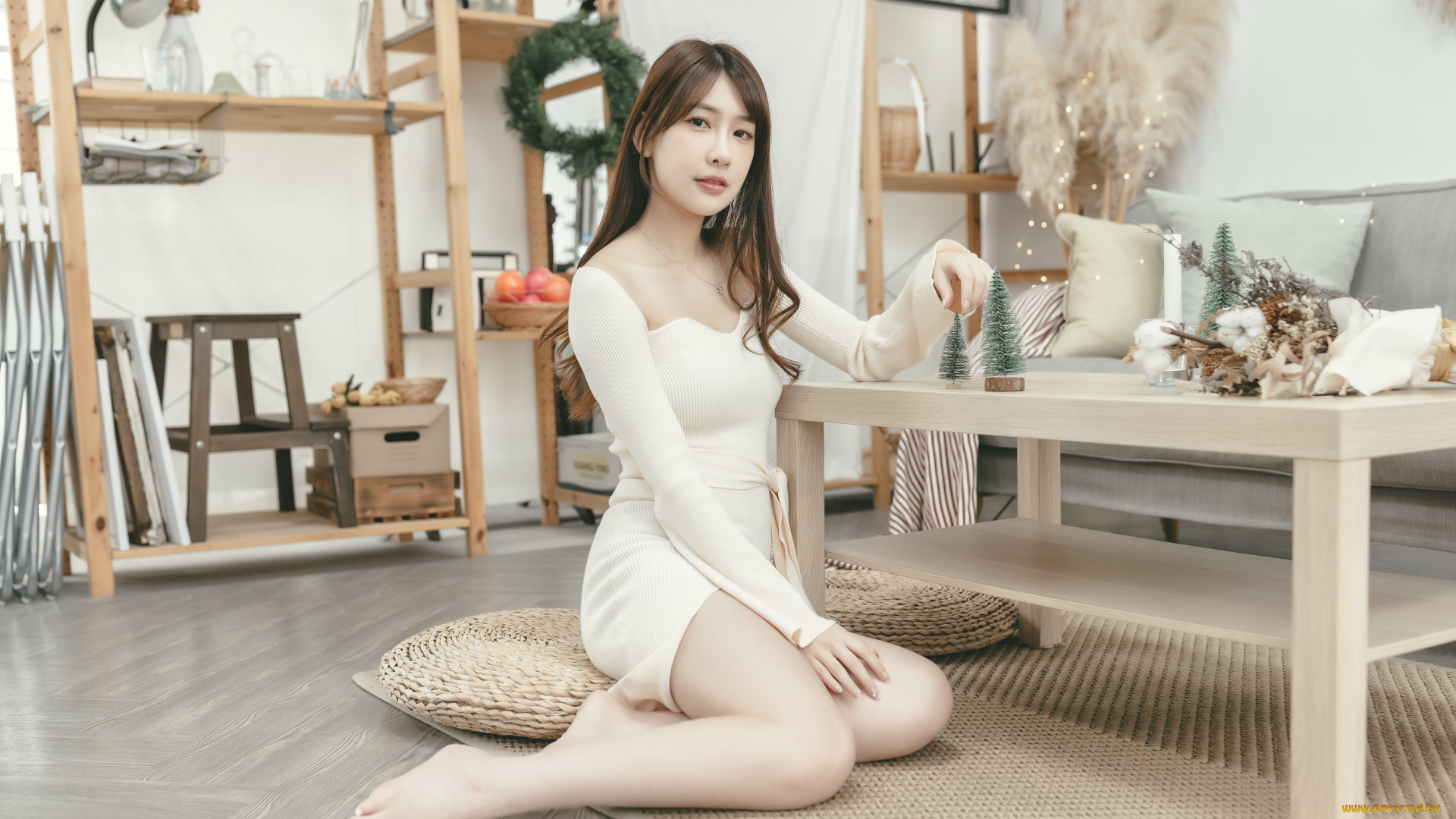 девушки, -, азиатки, женщины, азиатские, повседневные, босиком, рождественские, украшения, ru, lin