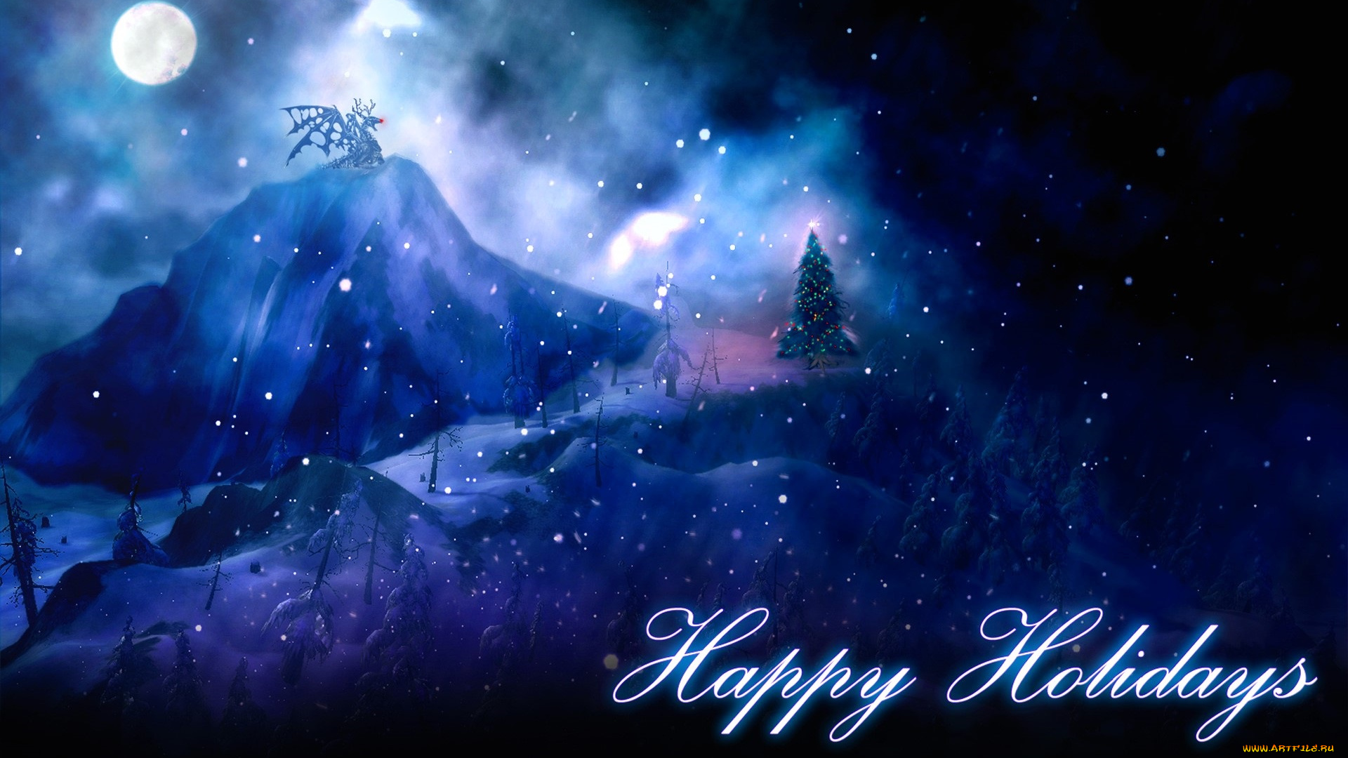 праздничные, 3д, графика, , новый, год, горы, снег, дракон, луна, ёлка