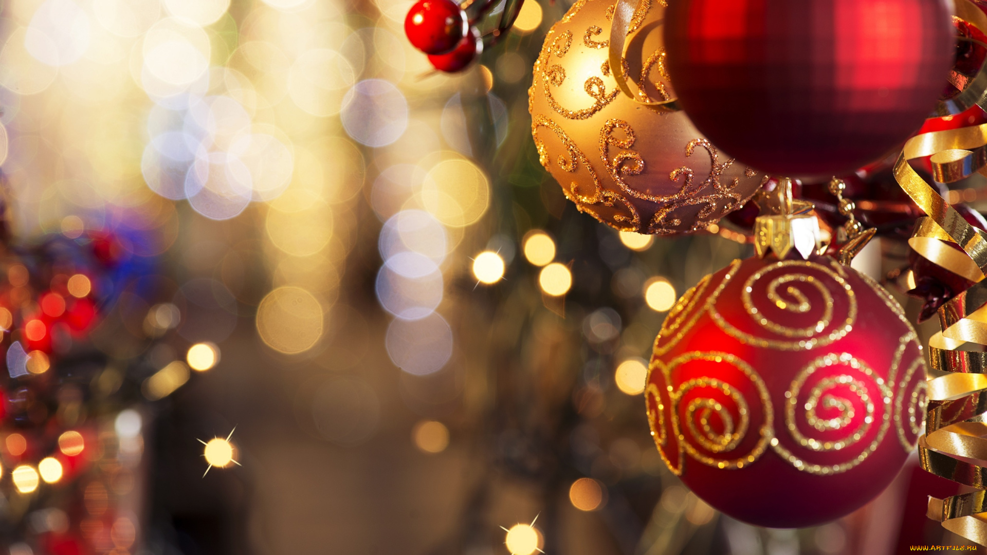 праздничные, украшения, шарики, ягоды, блики, серпантин