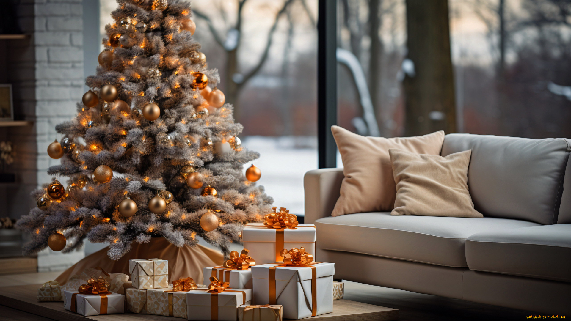 праздничные, ёлки, серебристая, елка, шарики, подарки