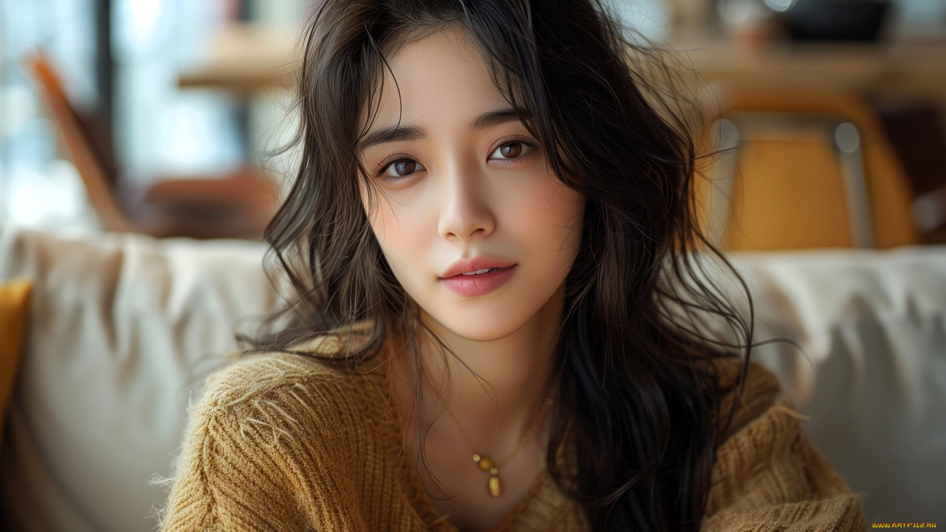 3д, графика, люди, , people, девушка, азиатка, шатенка, лицо, свитер, диван