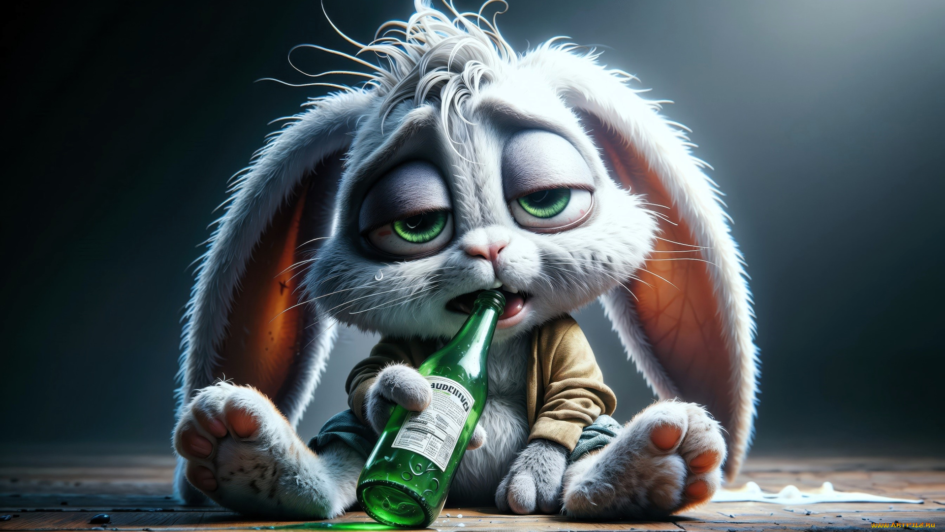 3д, графика, юмор, , humor, кролик, алкоголик, бутылка
