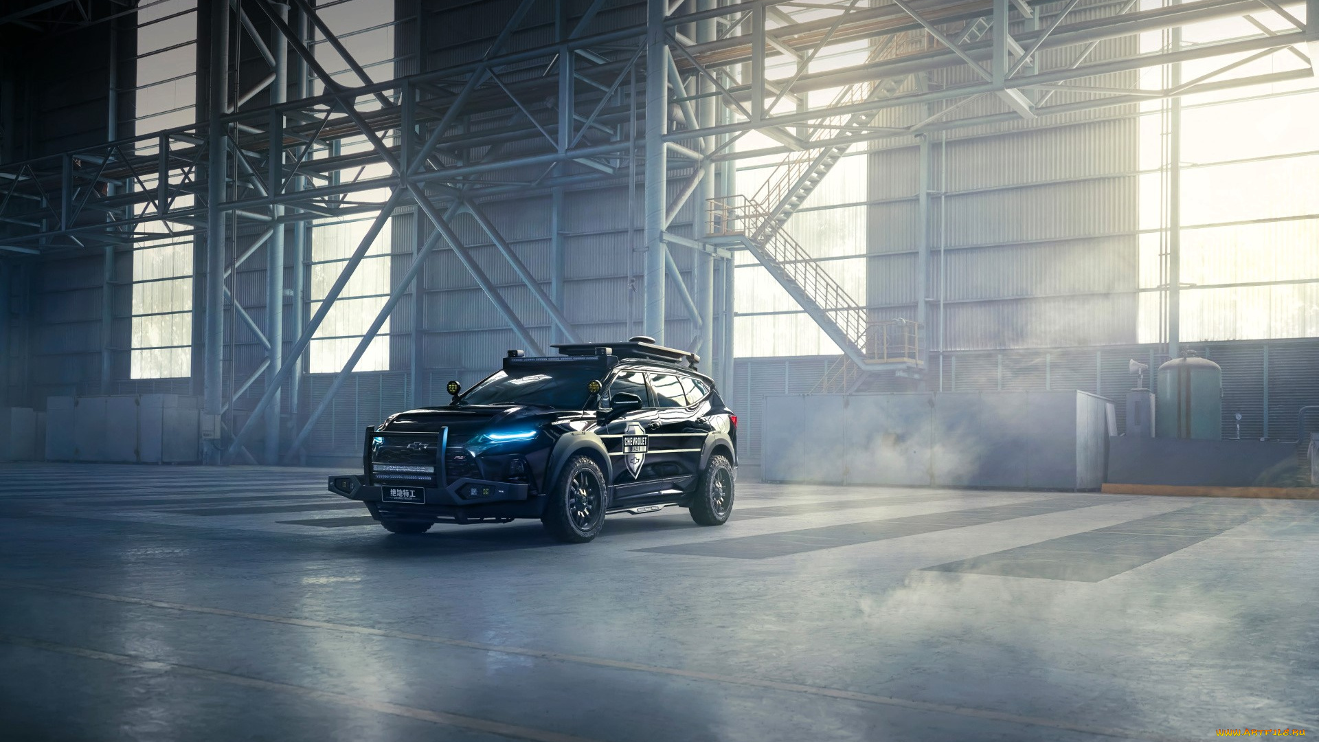 автомобили, chevrolet, черный, лестница, цех, окна