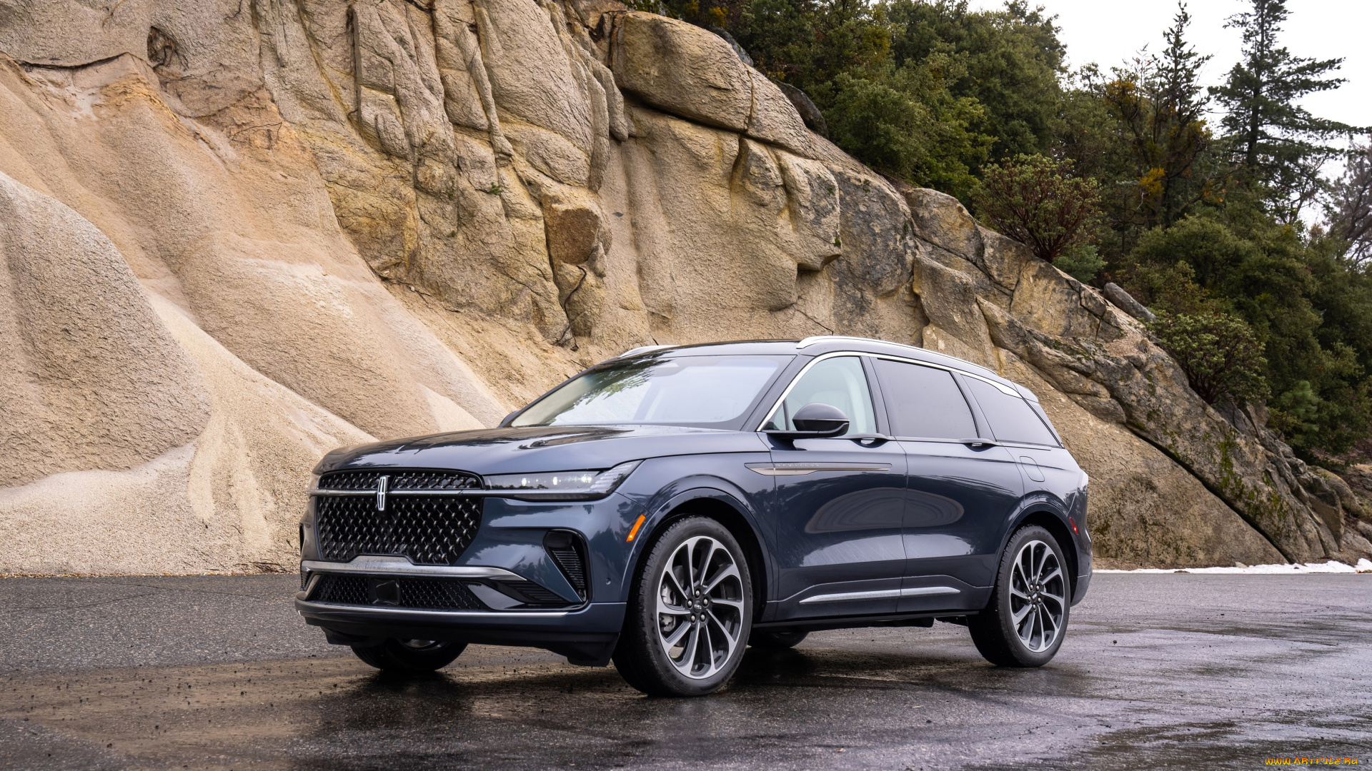 автомобили, lincoln, черный, площадка, скала, деревья