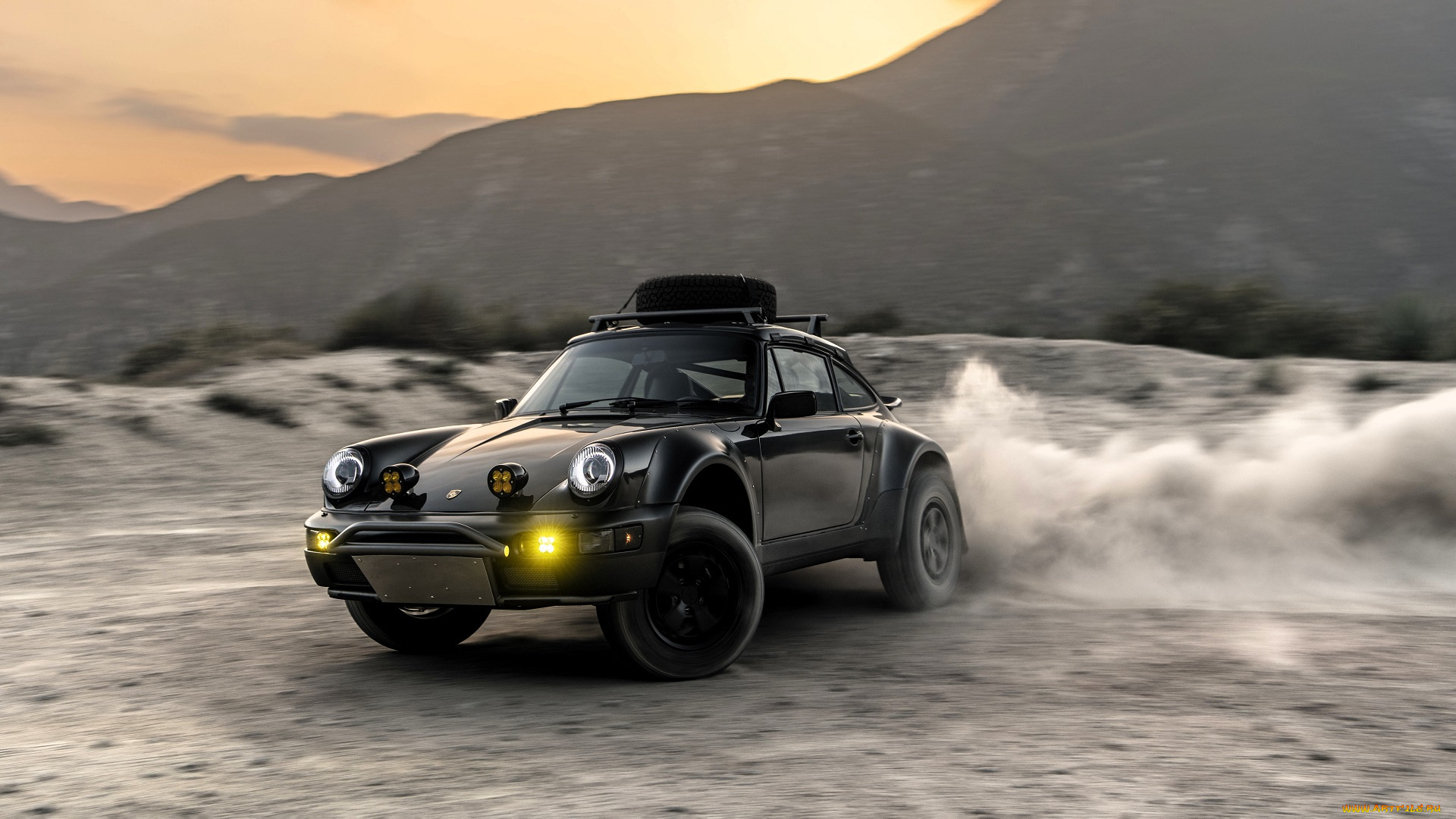 porsche, 964, автомобили, porsche, черный, пыль, горы