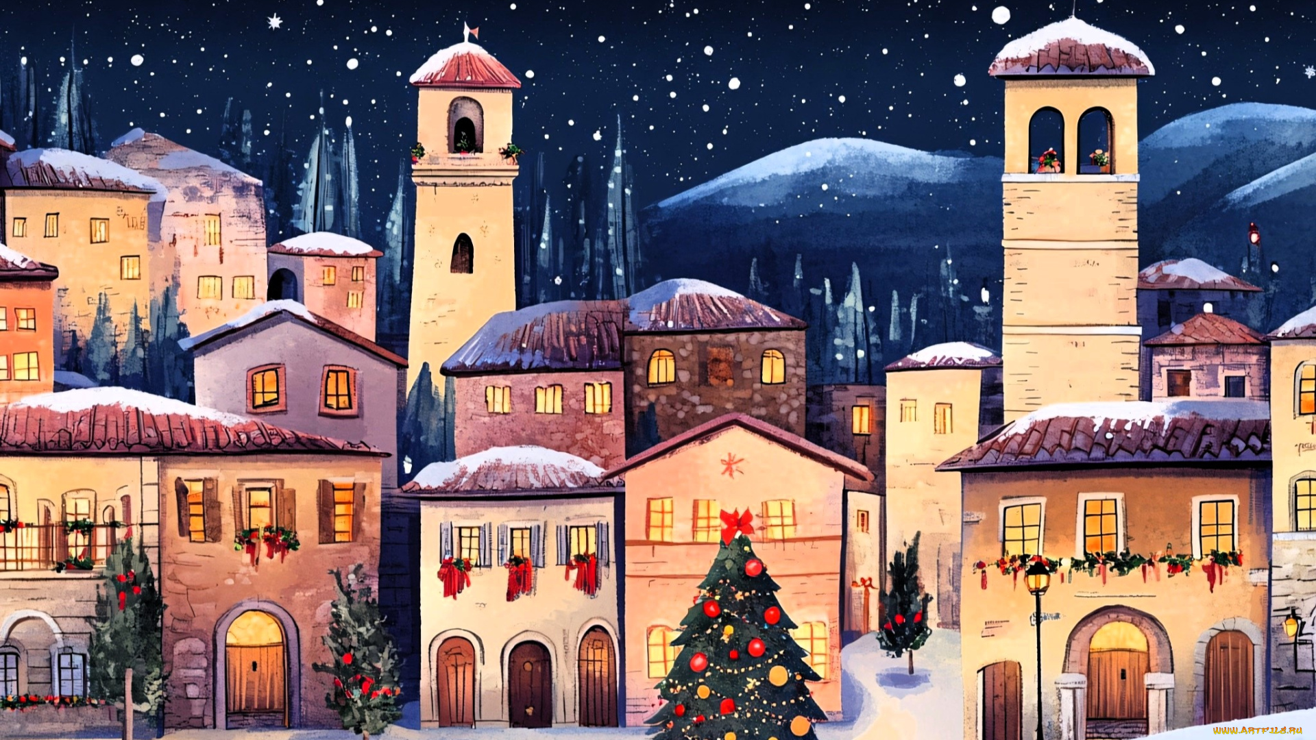 праздничные, -, разное, , новый, год, город, дома, снег, ёлки