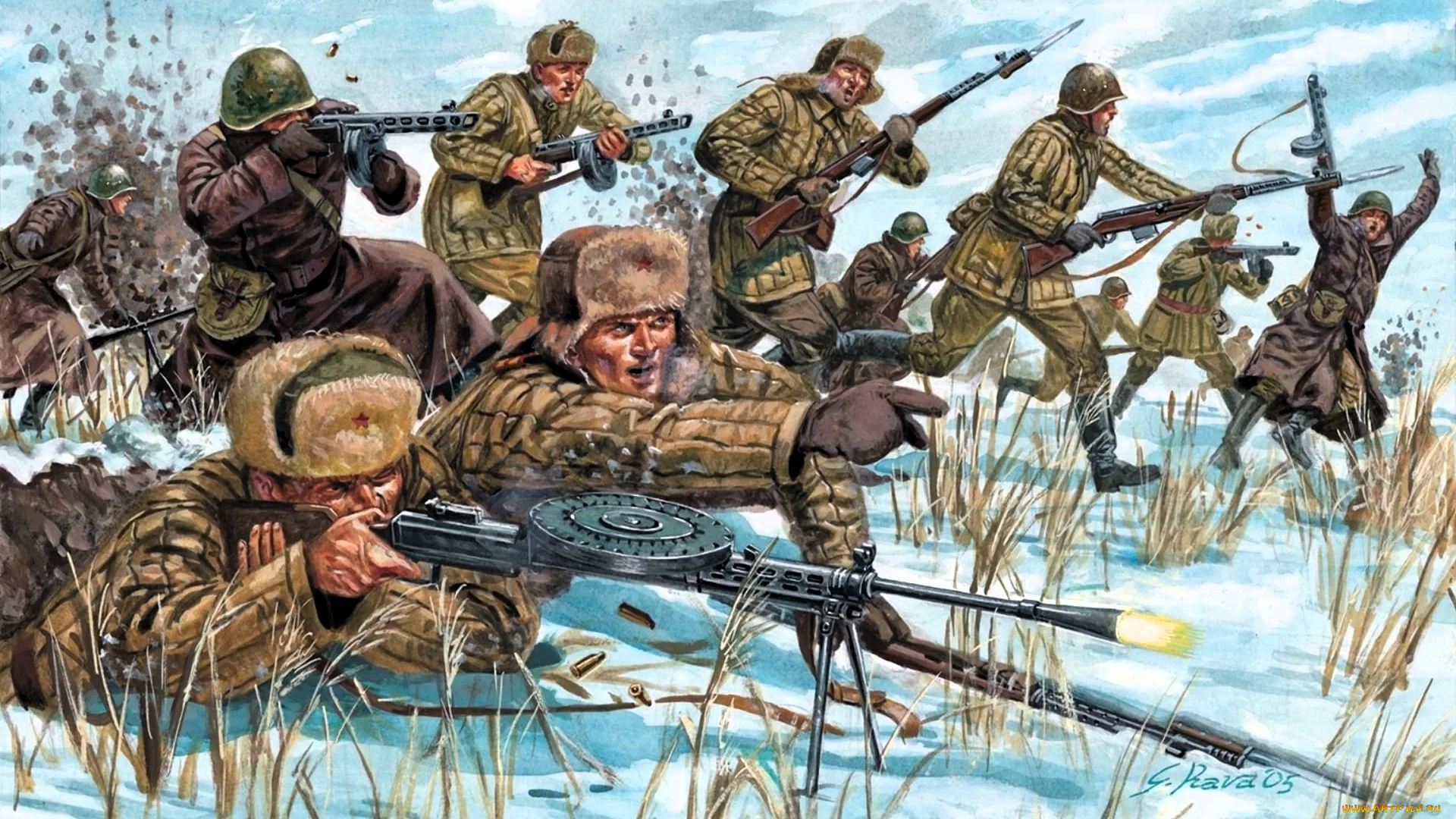 рисованное, армия, солдаты, бой, атака, война, снег