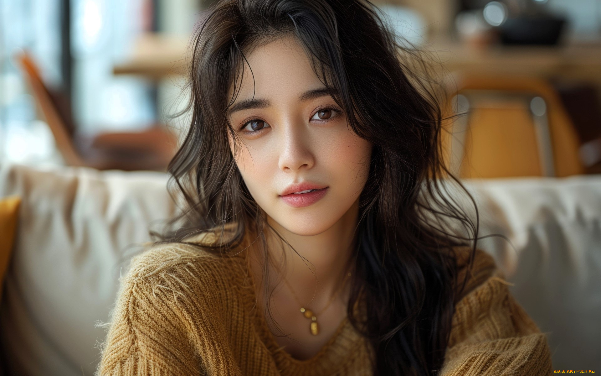 3д, графика, люди, , people, девушка, азиатка, шатенка, лицо, свитер, диван