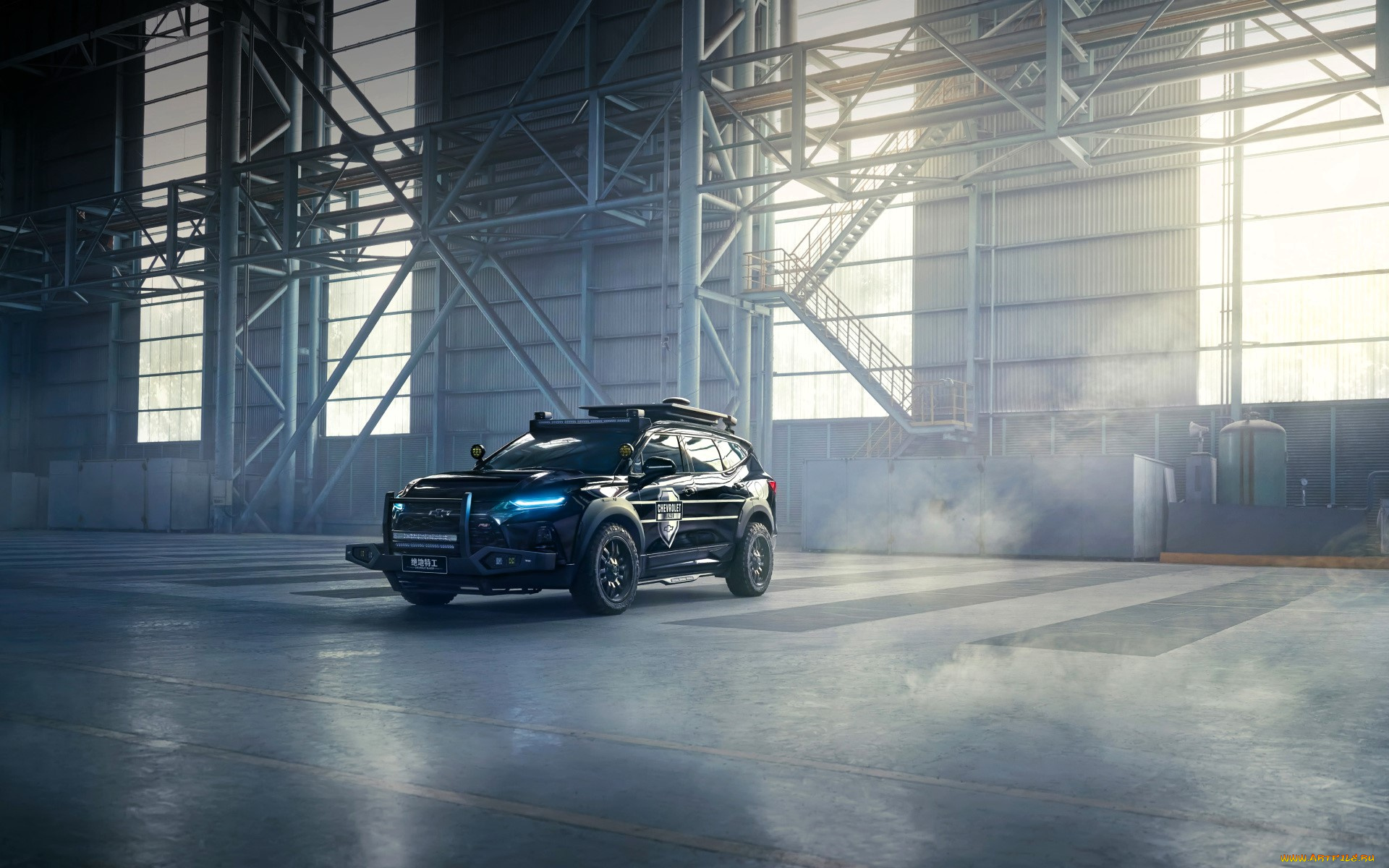 автомобили, chevrolet, черный, лестница, цех, окна