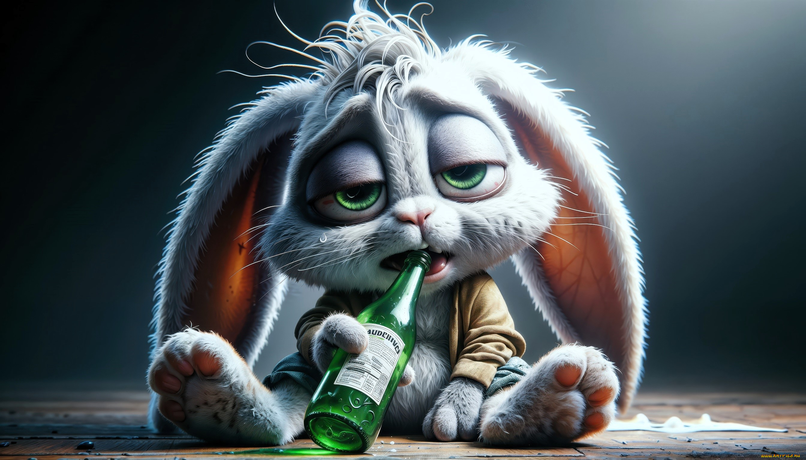 3д, графика, юмор, , humor, кролик, алкоголик, бутылка