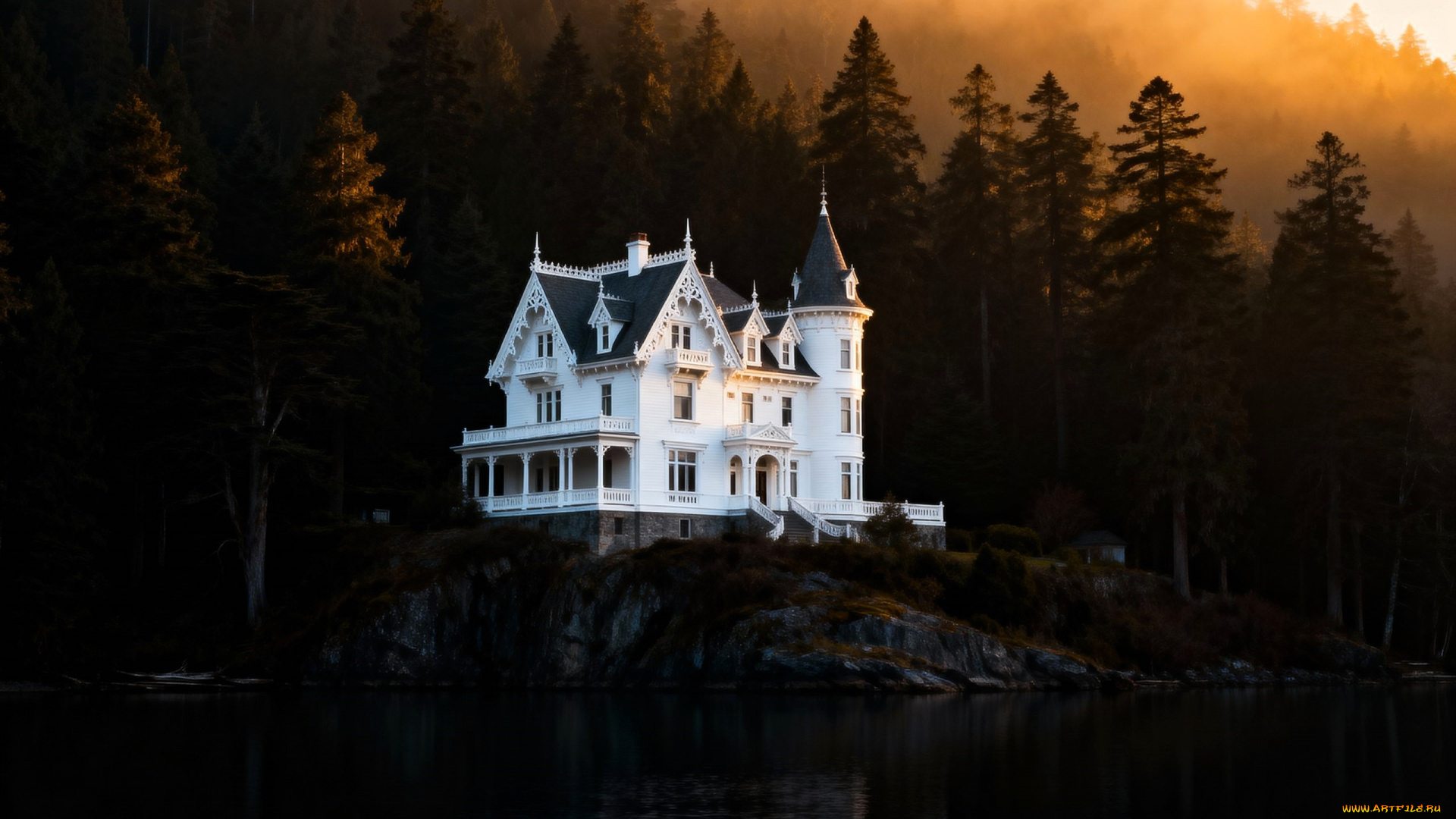 3д, графика, архитектура, , architecture, особняк, лес, озеро, закат