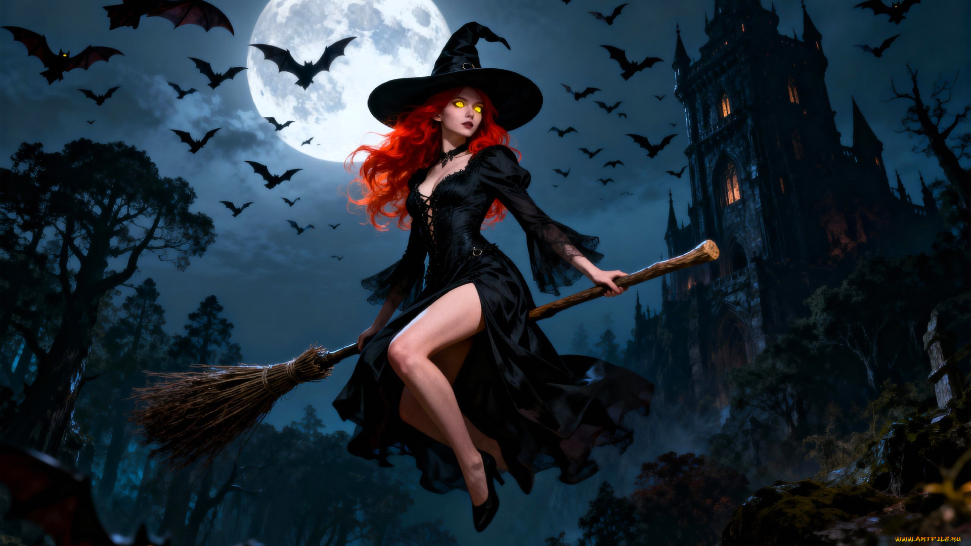 3д, графика, фантазия, , fantasy, девушка, ведьма, шляпа, платье, метла, летучие, мыши, луна, ночь, лес, замок