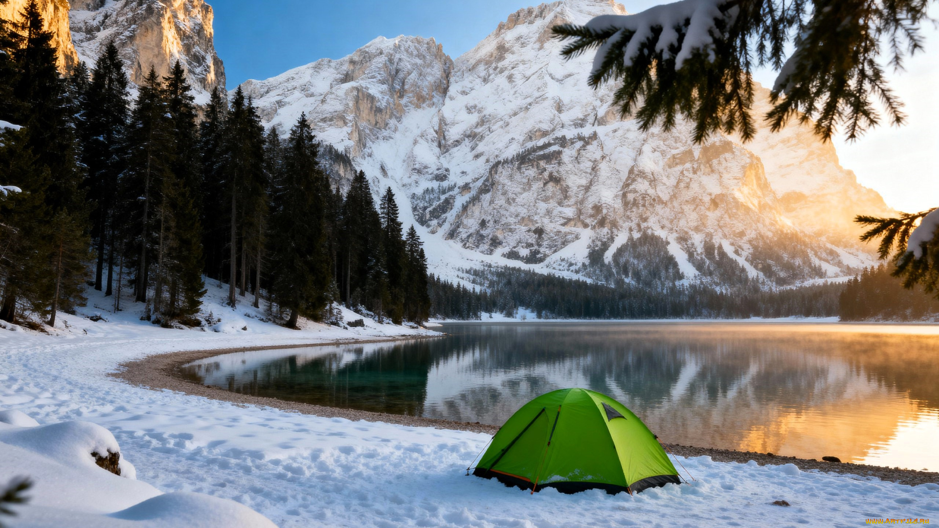 3д, графика, природа, , nature, горы, снег, зима, лес, озеро, палатка