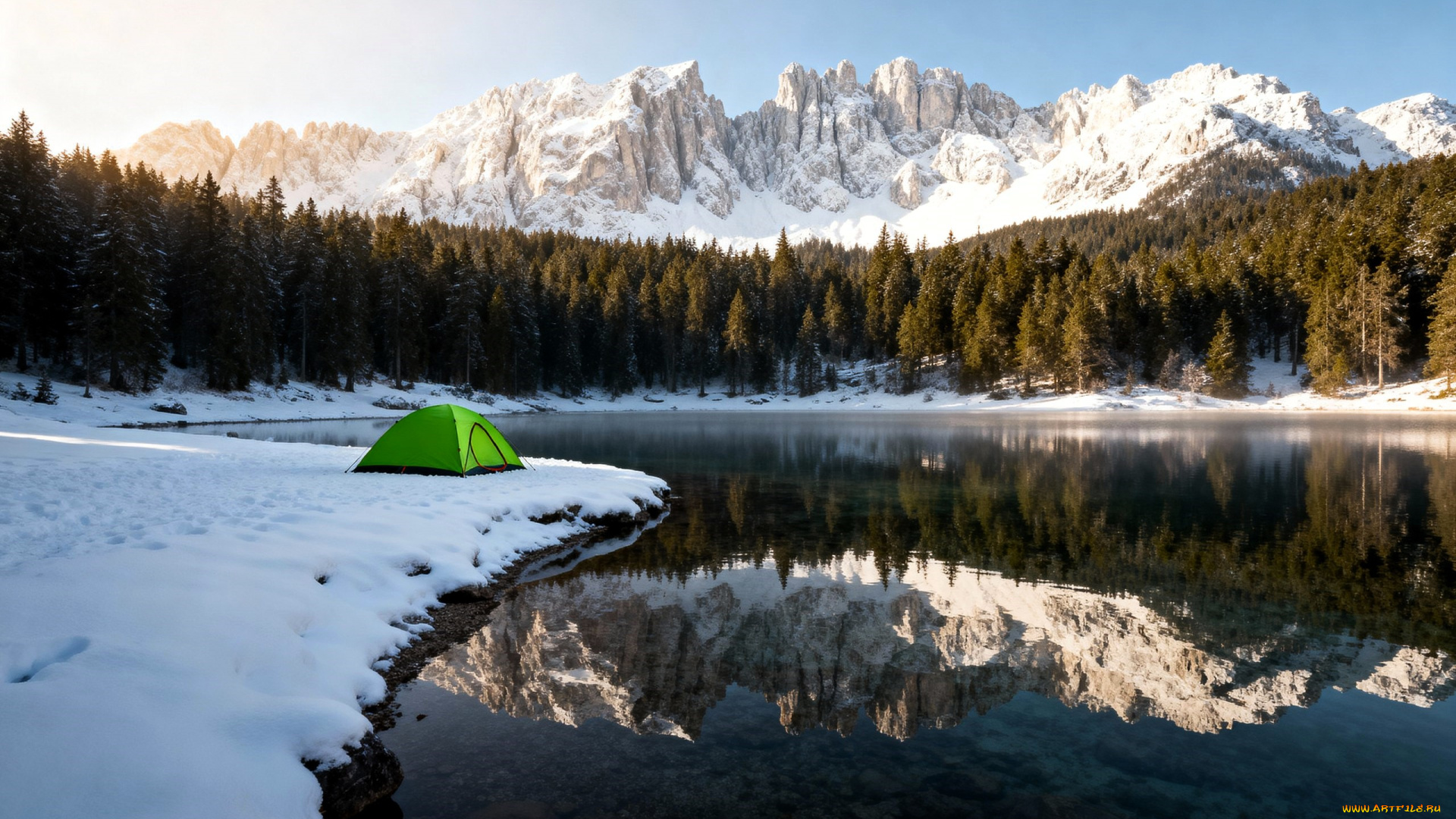 3д, графика, природа, , nature, горы, снег, зима, лес, озеро, палатка