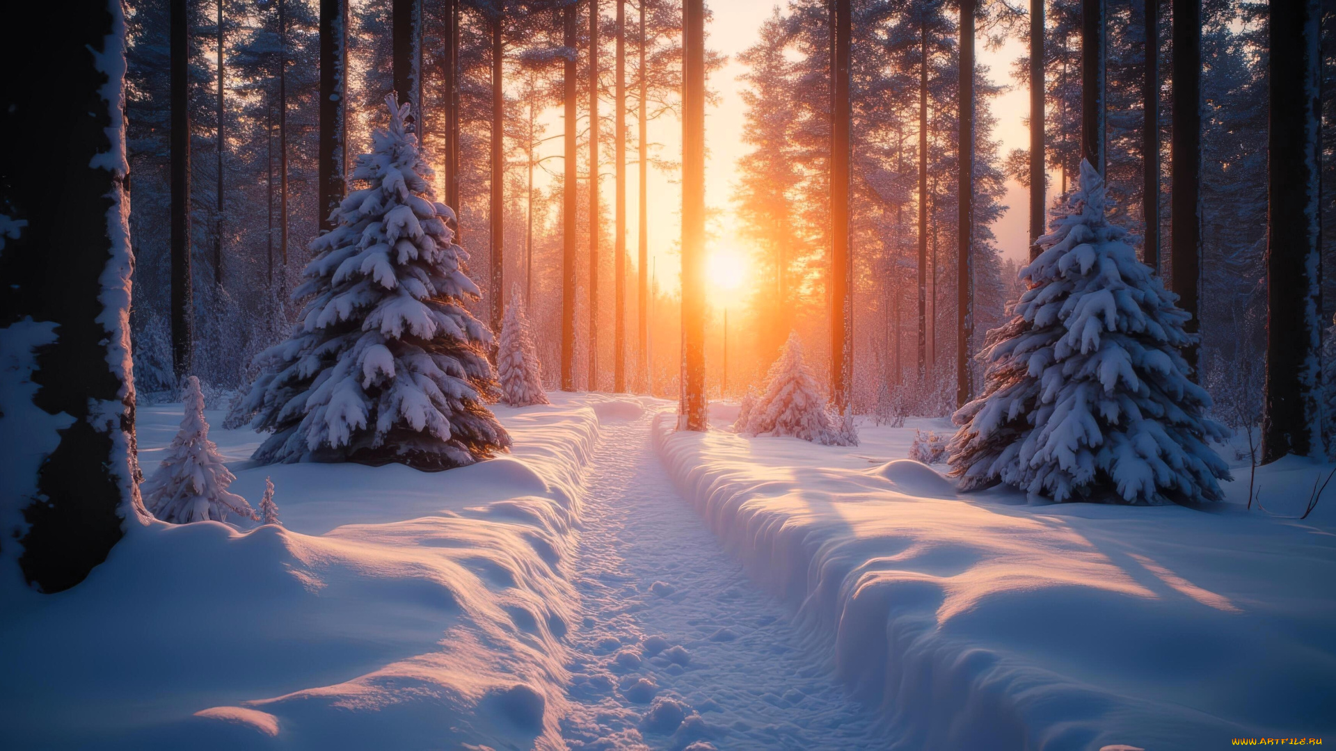 3д, графика, природа, , nature, лес, снег, закат, дорожка