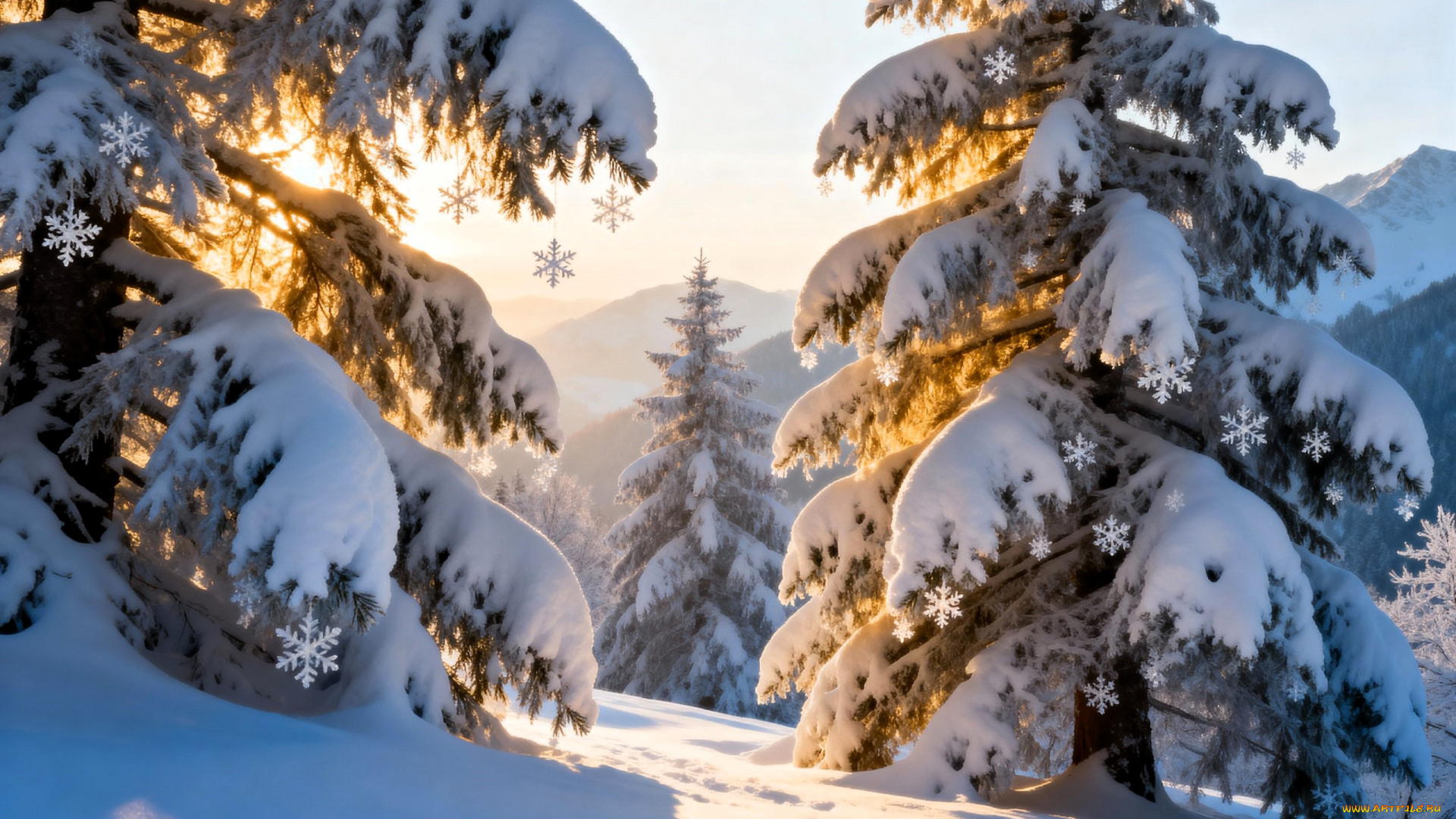 3д, графика, природа, , nature, ёлки, лес, свет, снежинки, снег, зима