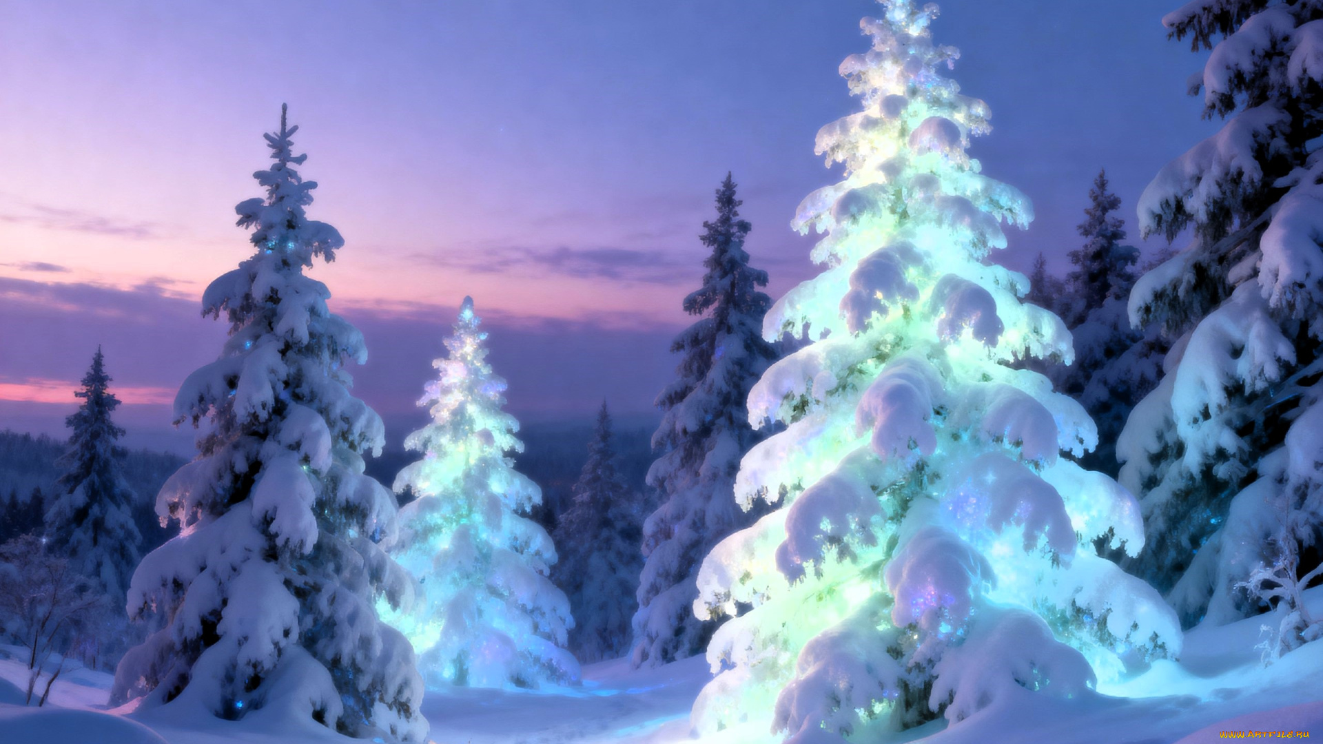 3д, графика, природа, , nature, ёлки, лес, свет, закат, снег, зима