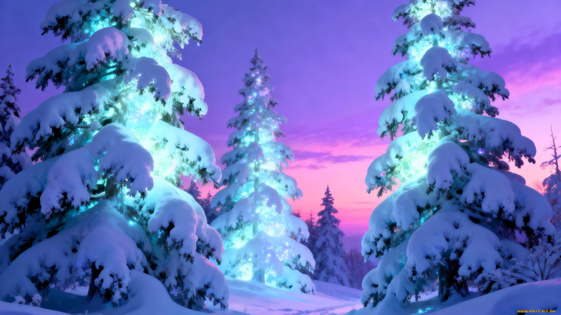 3д, графика, природа, , nature, ёлки, лес, свет, закат, снег, зима